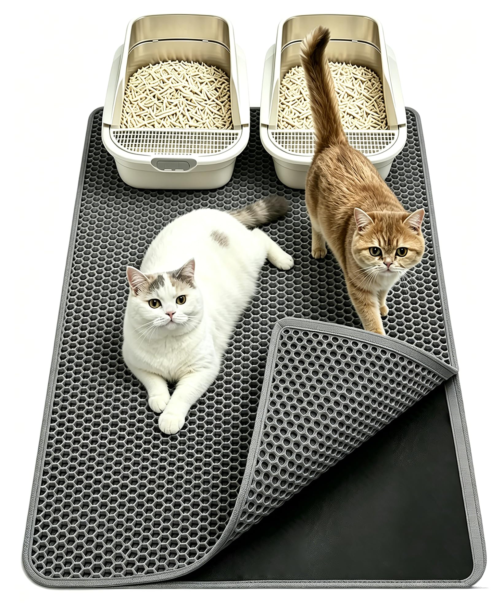 Katzenklo Matte Groß XXL 90x60 cm Waben Doppelschicht Katzenstreu Matte, Urin- & Wasserdichte Katzenklo Unterlage, Rutschfeste Katzenstreumatte für den Boden, Leicht zu reinigen, Grau