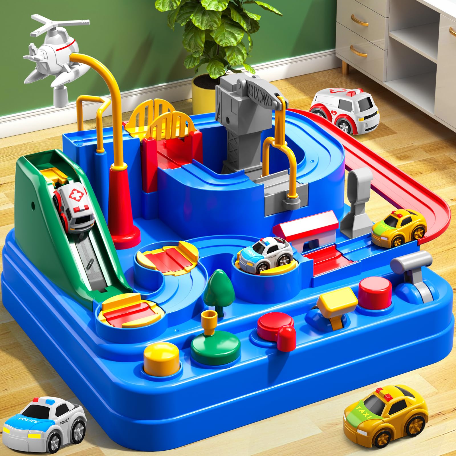 Car Race Track for Kids Ages 4-8, Kids Car Toys for 3 Year Old Boys, Race Track for Toddlers 1-3, City Set with 3 Small Cars and Helicopter, Educational Birthday Gifts