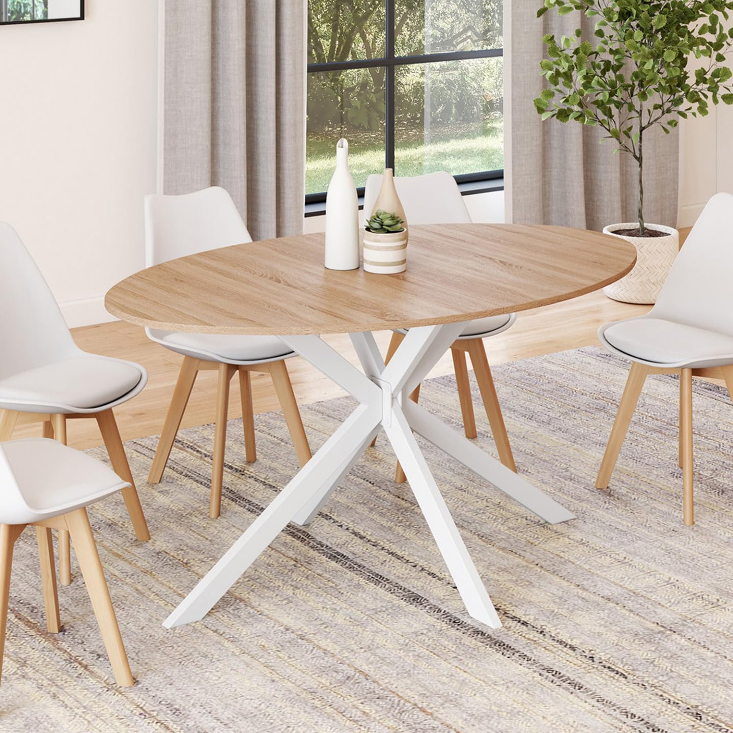 IDMarket Alix - Mesa de comedor ovalada para 8 personas, diseño de araña, madera y blanco, 150 cm