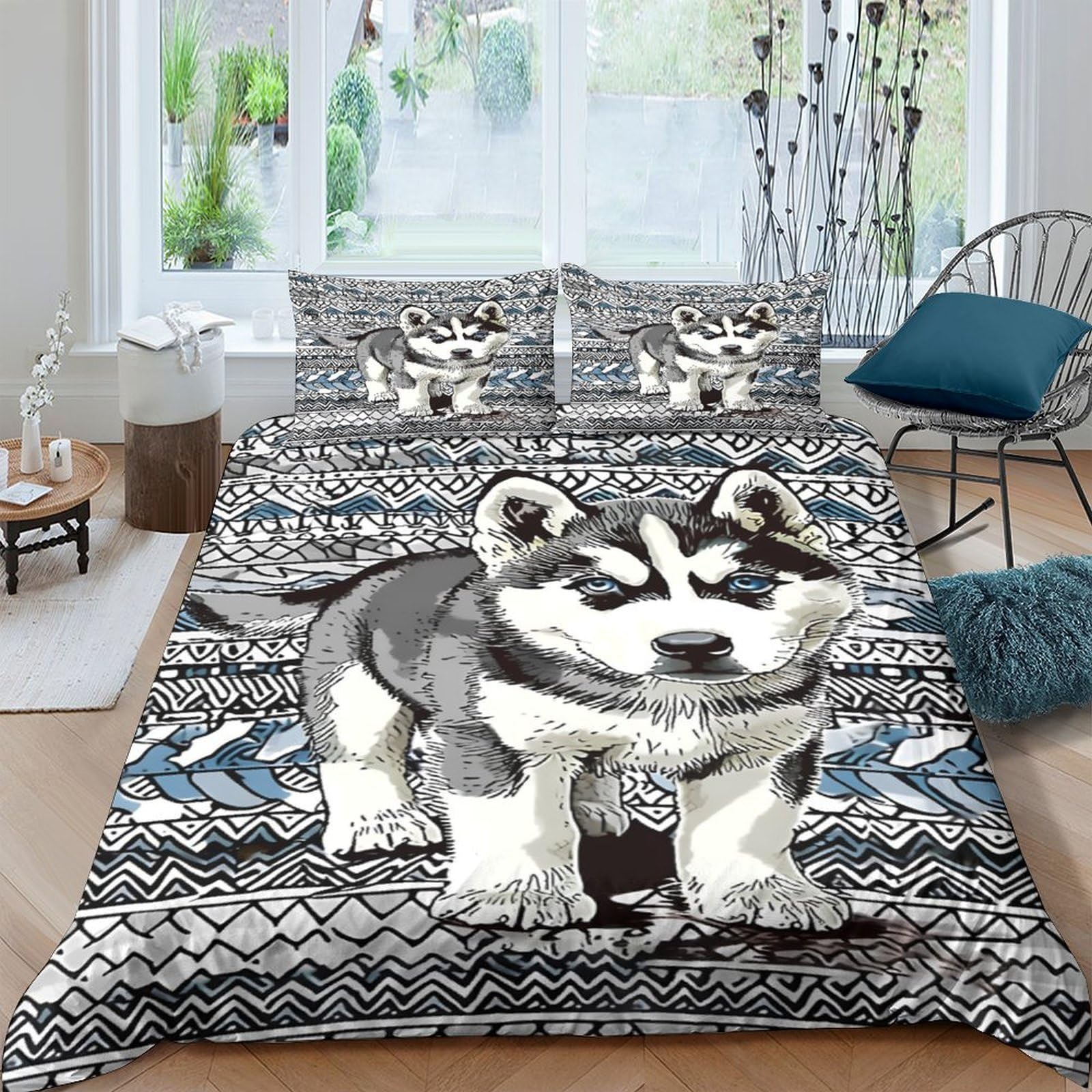 Ctjqhvkz Style-7 3D Printed Husky Dog Fitted Sheet Microfiber Soft Grey Bedroom Decor Wolf Pattern Mattress Cover Single（135X200cm）