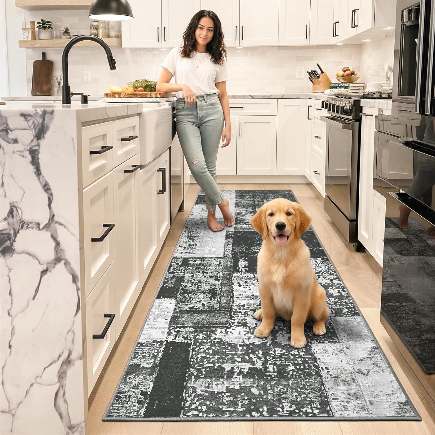 LOCHAS Washable Runner Rugs for Hallway, 2x6 Non Sip Kitchen Rug Runner for Bedroom Entryway Laundry Room, Long Abstract Runner Carpet for Bedside Floor, Black Grey Geometric Vintage Decor