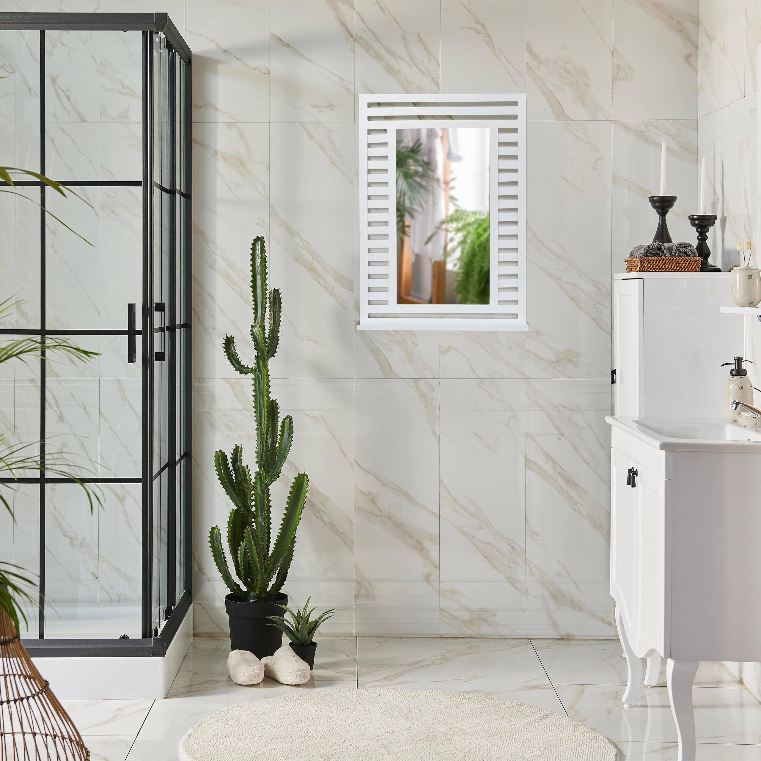 LIFEZEAL Rechthoekige badkamerspiegel met plank, wit, rechthoekige badkamerspiegel, 57 x 12 x 68,5 cm, houten wandspiegel voor woonkamer, badkamer en hal (bruin