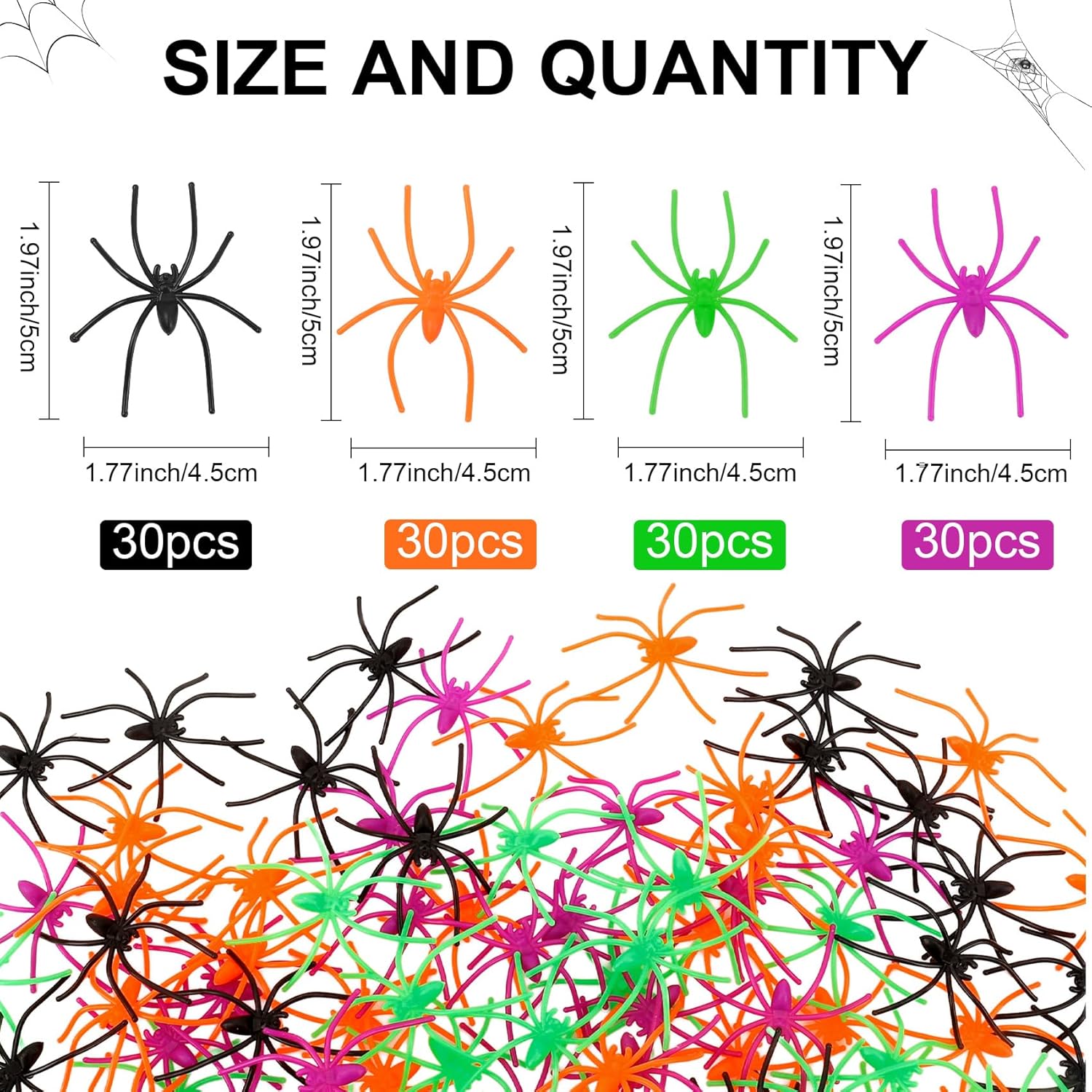 Plastic Spiders, 120 PCS Halloween Fake Spider Decorations, 4 Colors Small Realistic Spiders Toy Prank Props for Halloween Home Party Favors Haunted House April Fool's Day Decor Supplies 2 x 1.8 In