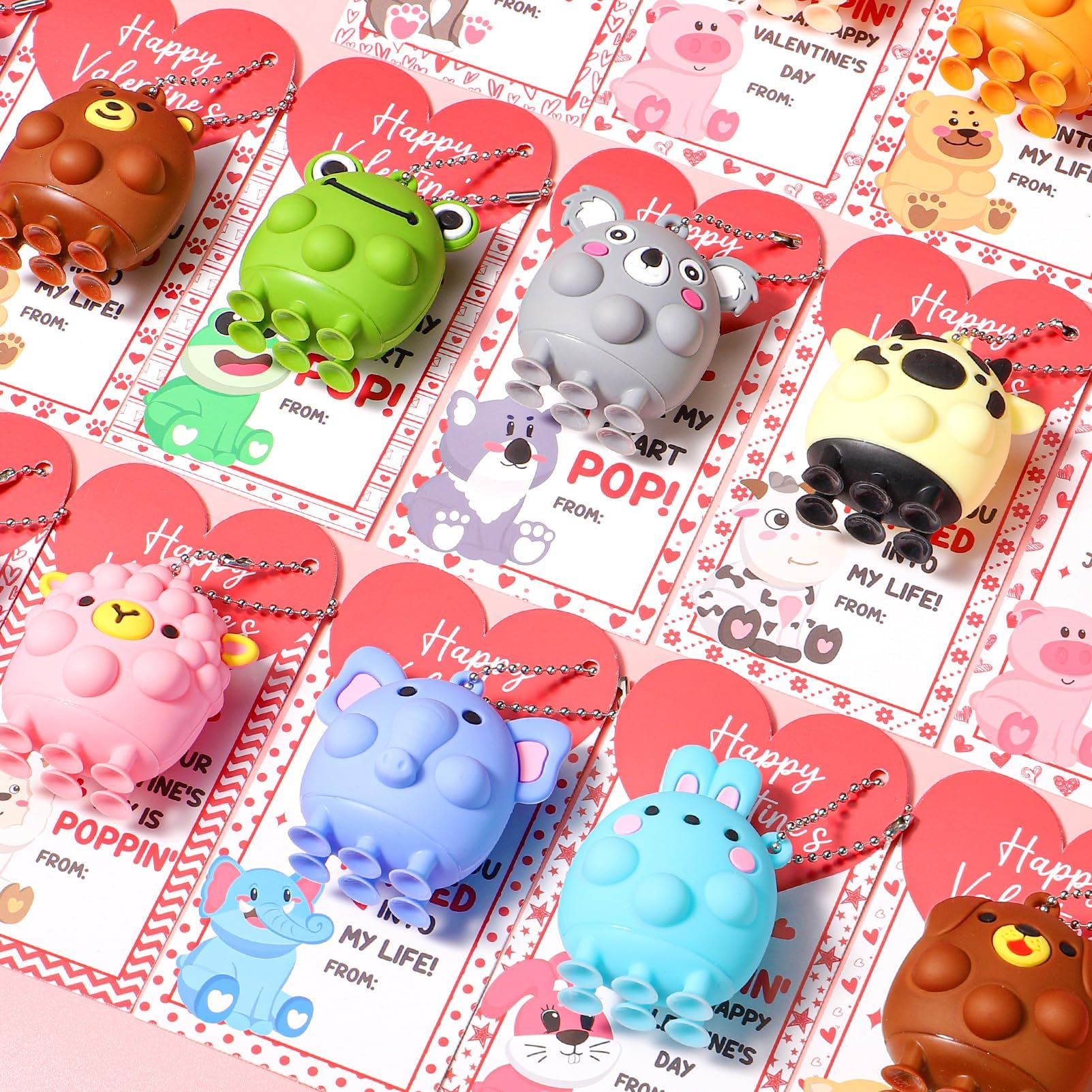 unitedessentialgoods Valentines Gifts for Kids - 24 Pack 3D Animal Suction Toy Fidget Pop Toy with Gift Cards for Kid Boys Girls, Party Favors School Classroom Gifts Exchange Goodie Bags Valentines Basket Stuffer 8