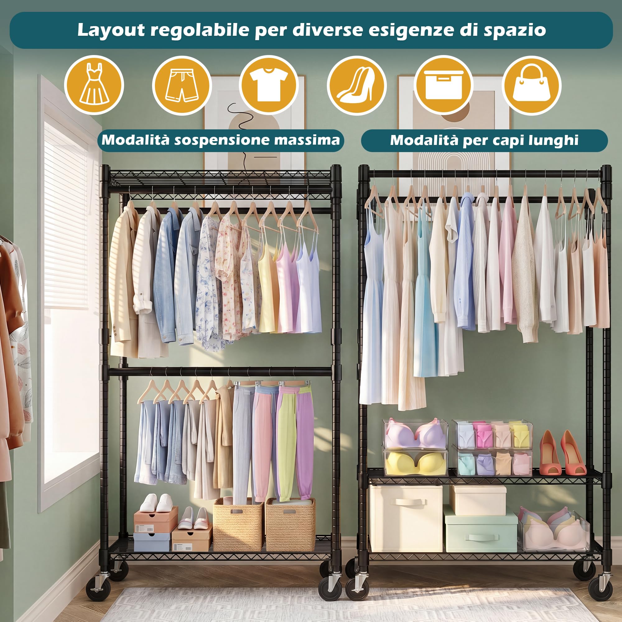 Himimi Appendiabiti con Ruote, 90x52x203 cm, Stand Appendiabiti Doppio con Ripiani Regolabili in Altezza, Appendi Abiti con le Ruote, Carrello Porta Abiti Robusto per Cabina Armadio, Lavanderia, Nero