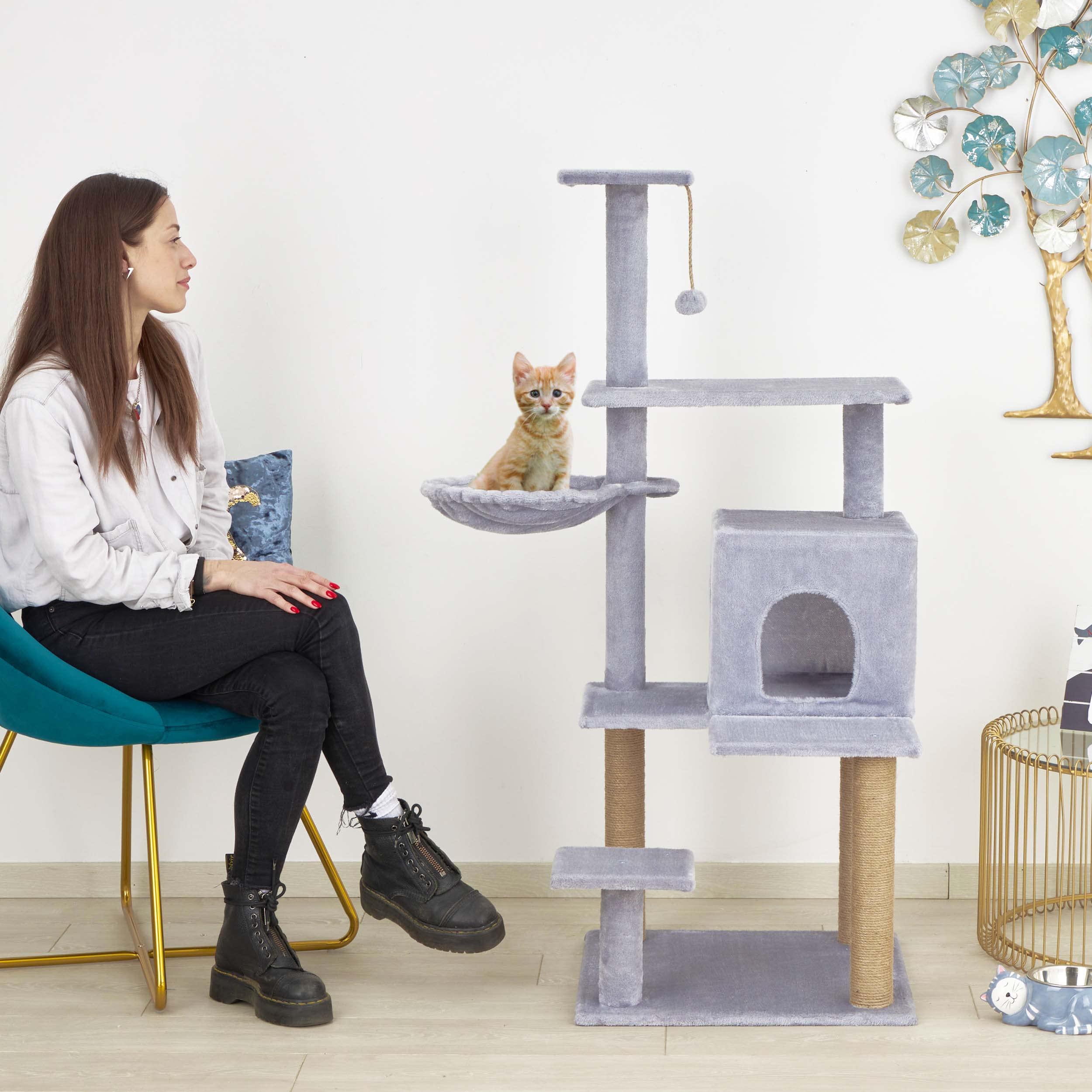 Baroni Home Tiragraffi ad Albero per Gatti, Tiragraffi per Gatti e Gattini, 4 Piani con Palla, Amaca e Cuccia Rettangolare, 45x45x122 cm, Grigio