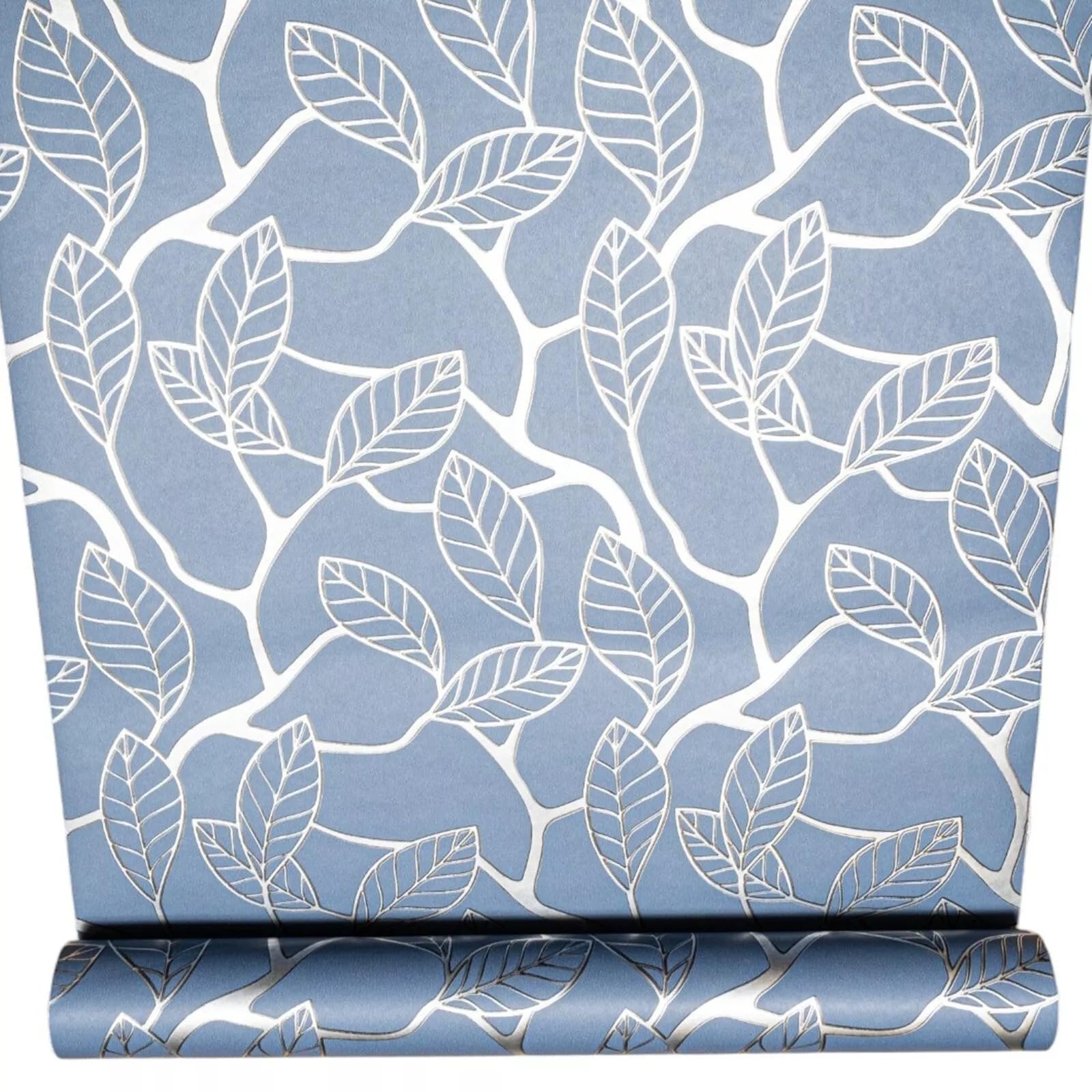 Sophie Laurence Blue Silver Blue Leaf Wallpaper Silver Metallic Shimmer Flat Finish Feature Wall Lounge