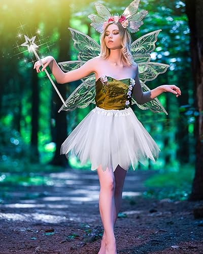 Miniatura 5 de Hicarer Conjunto de disfraz de ala de hada de mariposa para mujer, corona de elfo, corona de flor, varita de estrella, falda tutú para carnaval,