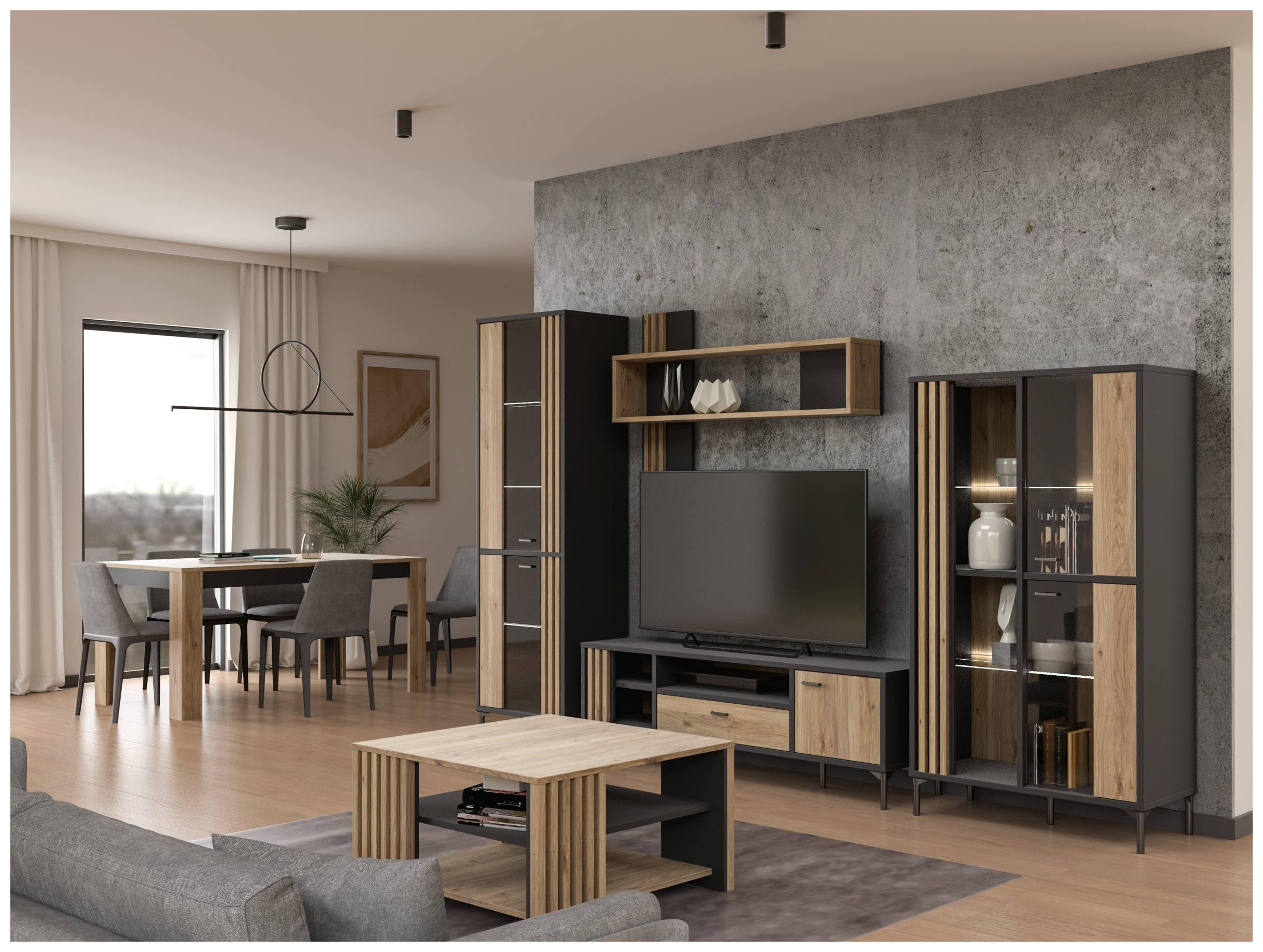 Forte JOAKIMIS Couchtisch 80, Skandi-Stil Couchtisch mit Ablagefach, Lamellendetails, Holzwerkstoff, Mauvella Eiche Holzdekor/Schwarz, 80 cm breit x 45 cm hoch x 80 cm tief