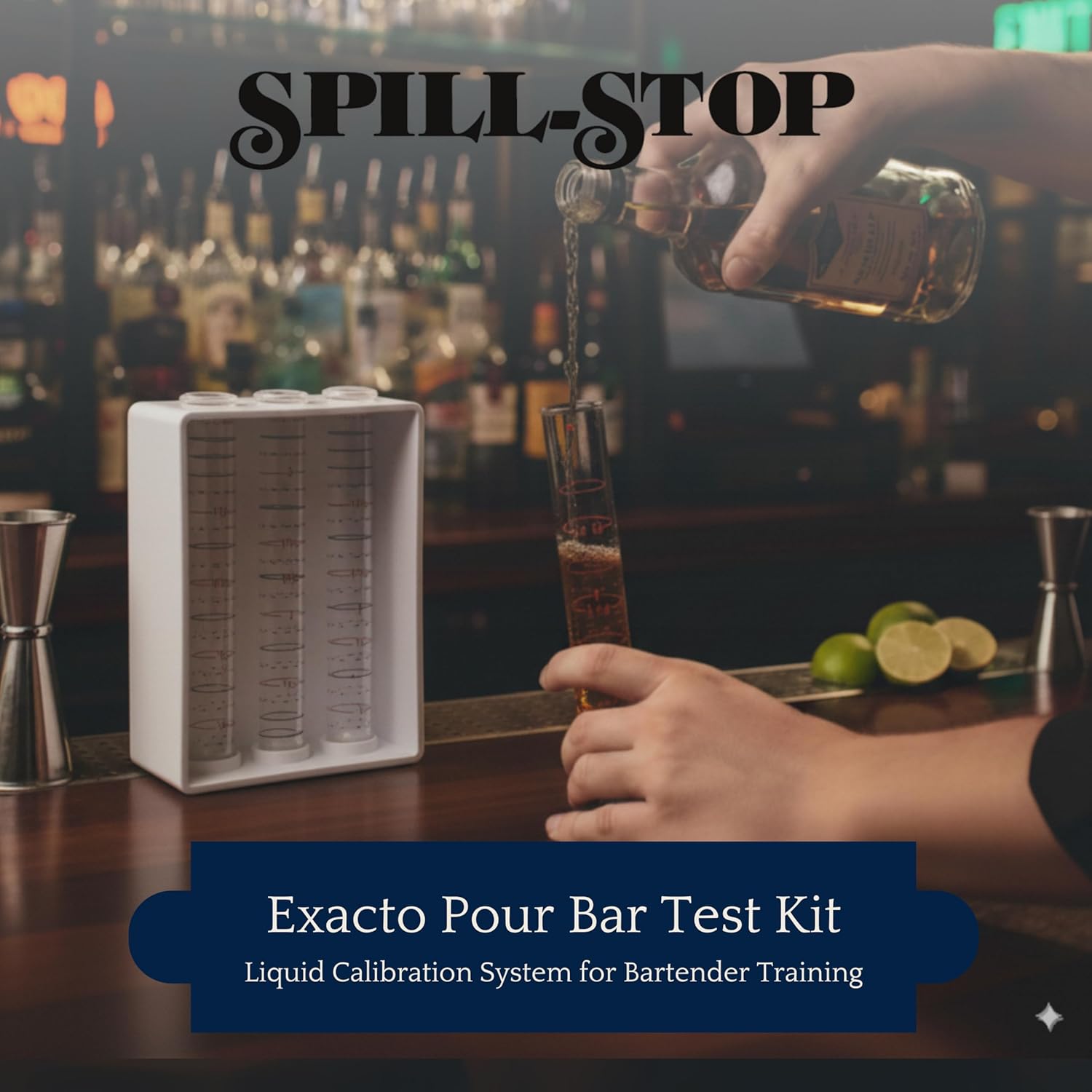 Spill-Stop 13-908 Exacto Pour Bar Test Kit, Liquid Calibration System for Bartender Training, Includes 3 Precision-Marked Plastic Tubes, 3 O-Rings, Stand, Funnel, Durable, Made in USA