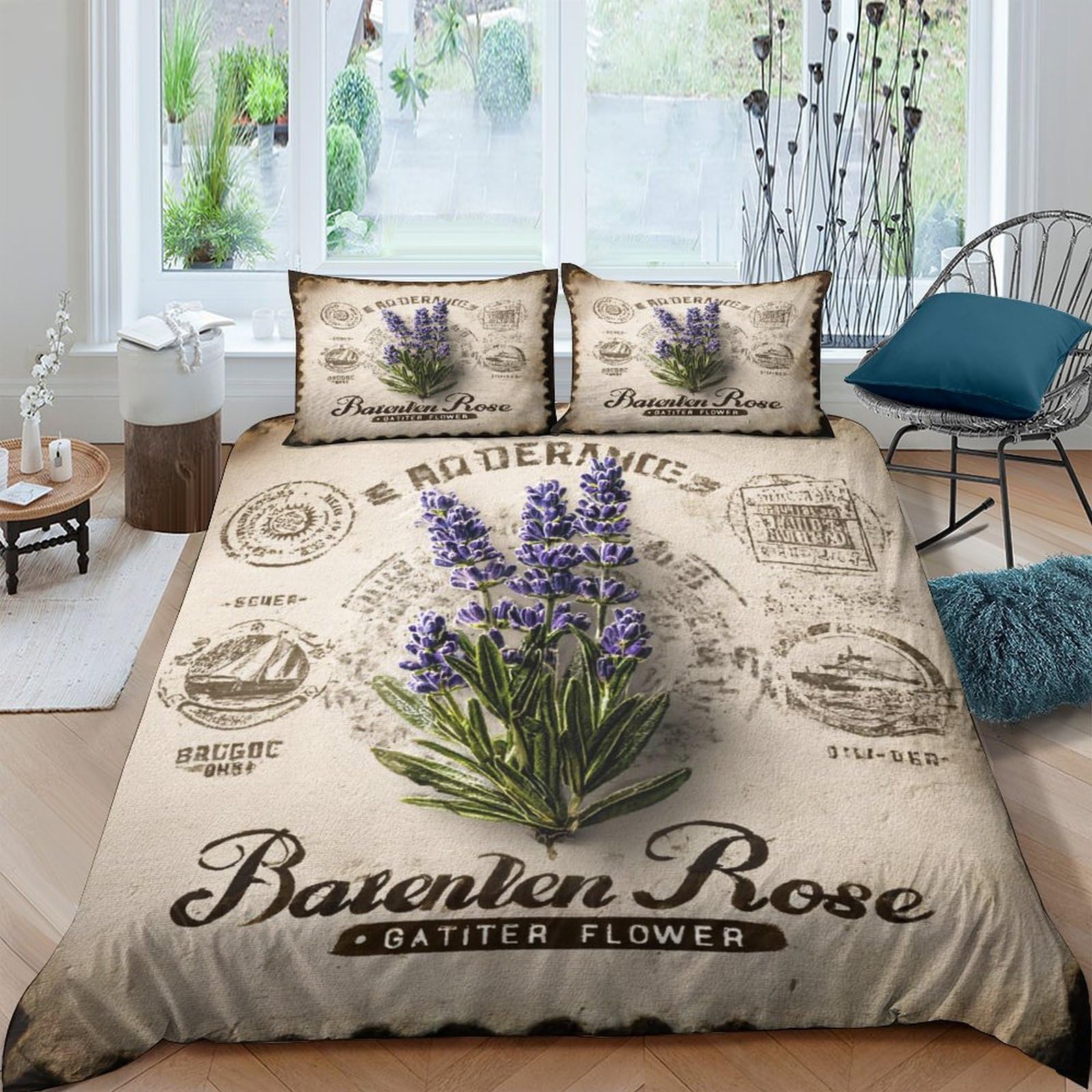 Ctjqhvkz Style-7 3D Printed Lavender Botanical Fitted Sheet Microfiber Soft Breathable Vintage Letter Mattress Cover For Bedroom Guest Room Decor Single（135X200cm）