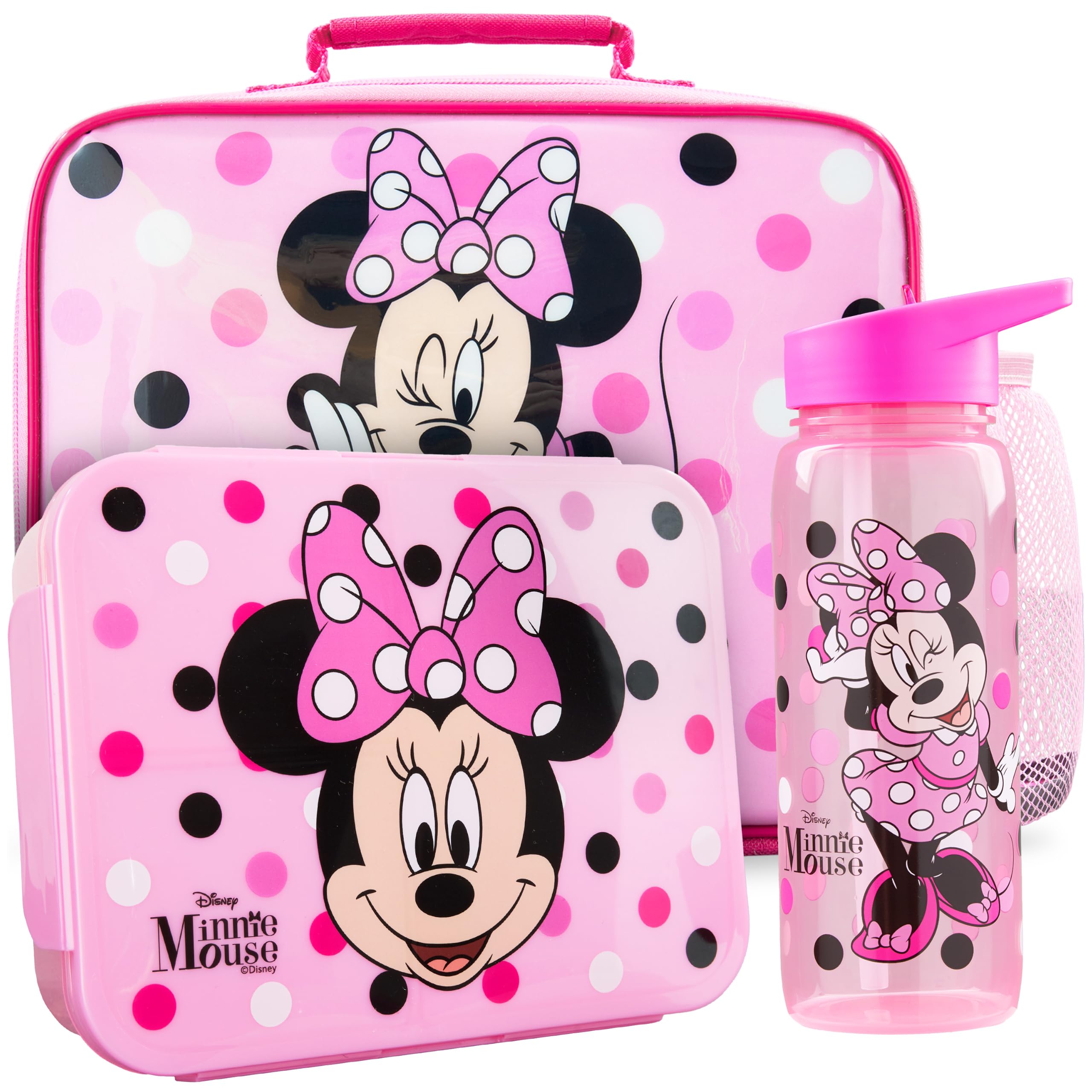 Get Trend Disney Minnie Mouse Kids Insulated Lunch Bag Set, 3Pc Bento Lunch Box, 640ml BPA-Free Water Bottle & Food Carrier for School, Travel, Picnic, School Supplies Girls Gifts (Pink Minnie)