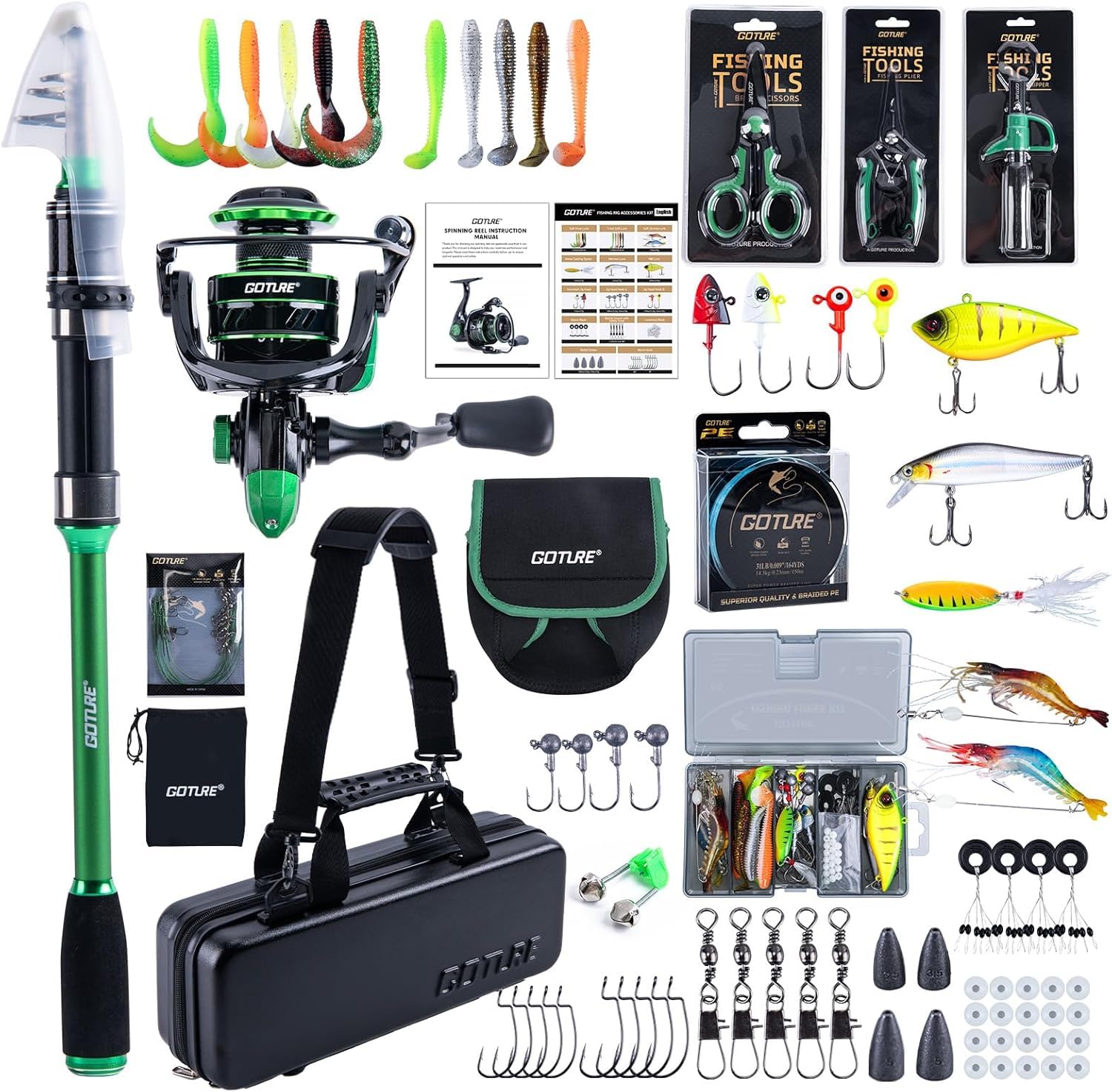 Goture Angelset mit Teleskop-Angelruten (24T Carbon),1,8m/2,1m/2,4m/2,7m I Angelrute Set Komplett 5.2:1 Spinnrolle, 150m/14kg Schnur, Köderbox & Tragetasche – für Salz-/Süßwasser, Reisen–Angelgeschenk