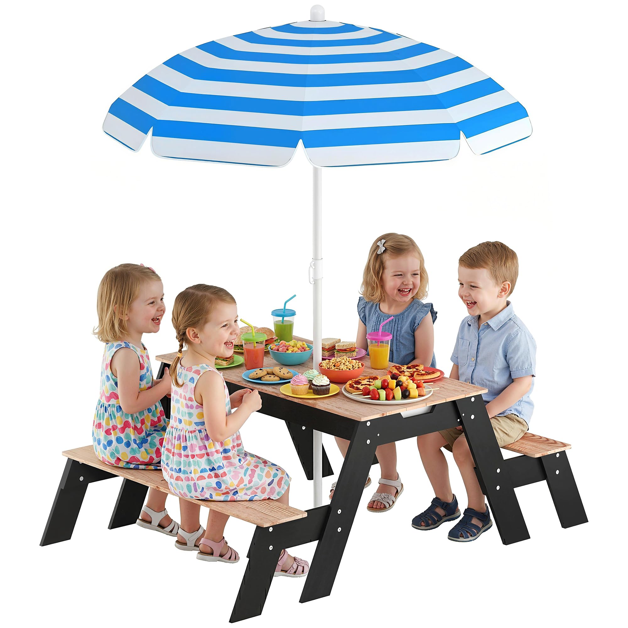 AIYAPLAY Tavolo da picnic per bambini con sabbiera e ombrellone, 3-6 anni | Tavolo 3-in-1 in legno, sabbia e acqua, 2 cassetti nascosti, legno naturale, mobili giardino bambini, patio, giardino