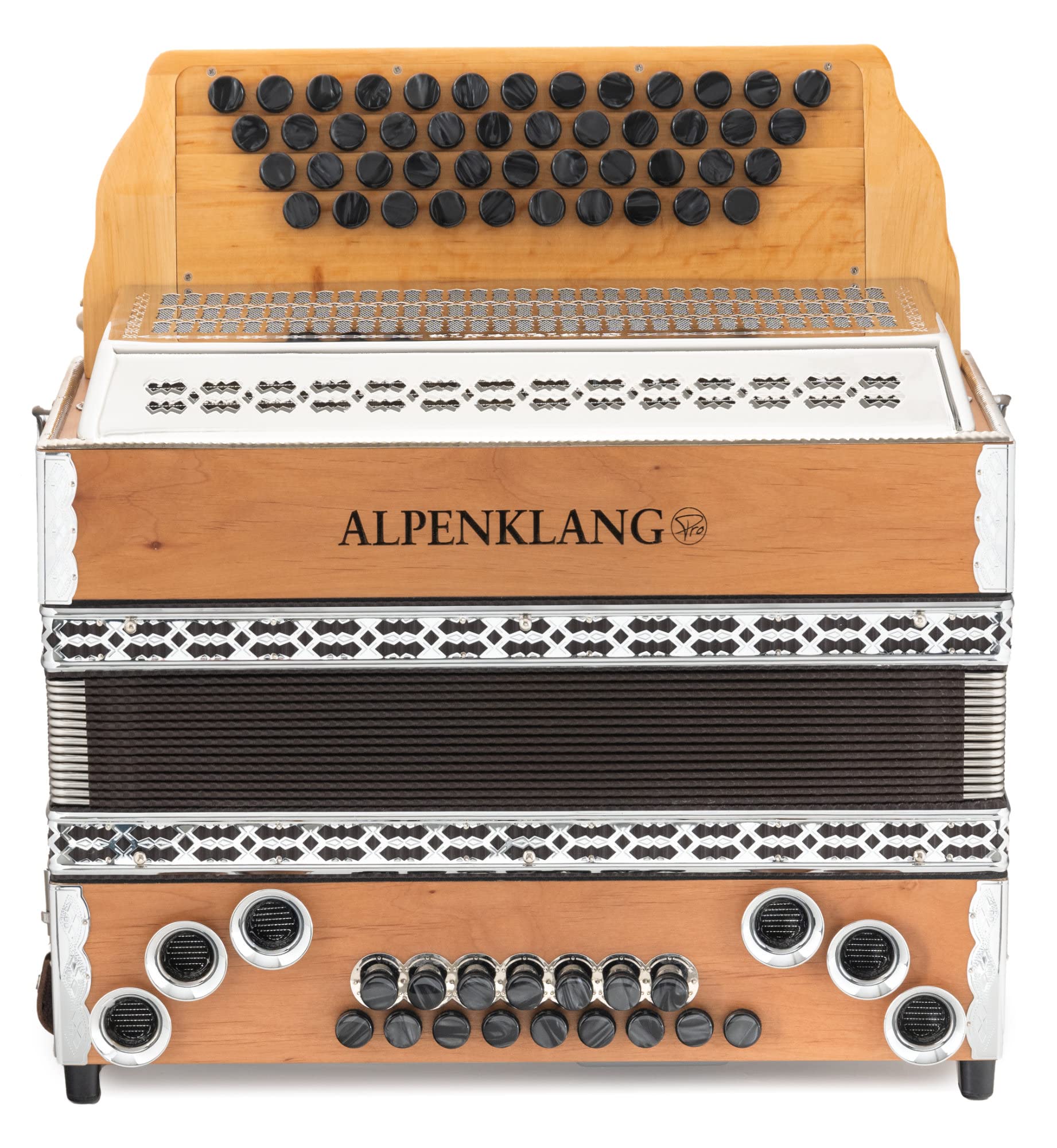 Alpenklang Pro Alpline 34 Eco Harmonika G-C-F-B MB - 46 boutons (4 rangées, 3 voix) - X-Bass découplé et H-Bass - Set incl. manuel Michlbauer avec CD - Hêtre