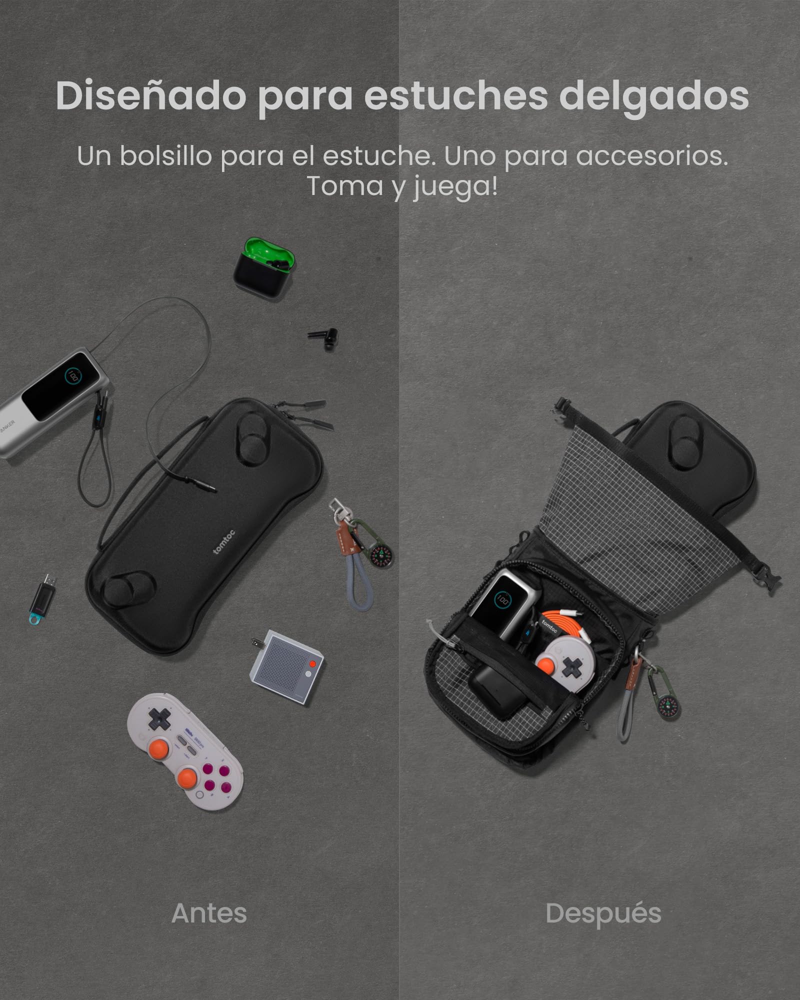 tomtoc Bandolera para Funda Slim de Consola de Juego Portátil, Bolsa Cruzada de Viaje para Steam Deck, ROG Xbox Ally X, Switch 2, PS Portal, Bolsa Roll-Top para Cable de Carga y Accesorios
