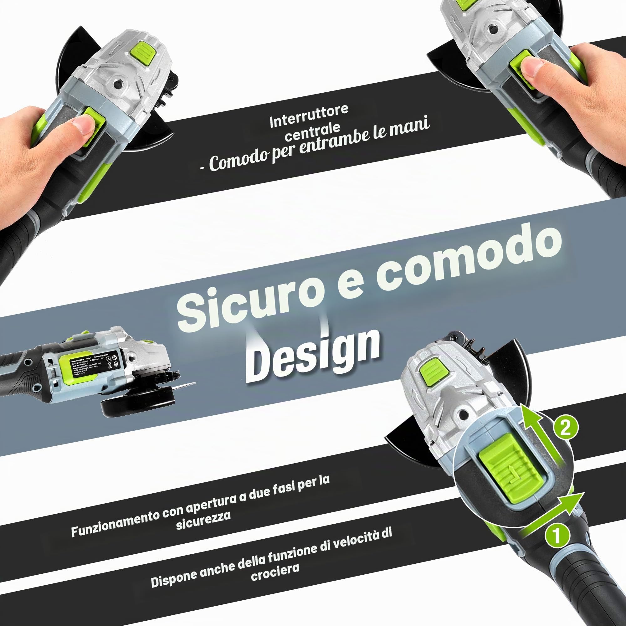 WORKPRO Smerigliatrice angolare elettrica senza fili 20 V con batteria 4,0 Ah, Ø125 mm, leggera con 5 dischi da troncare, 2 cappucci di protezione, caricatore rapido e manico