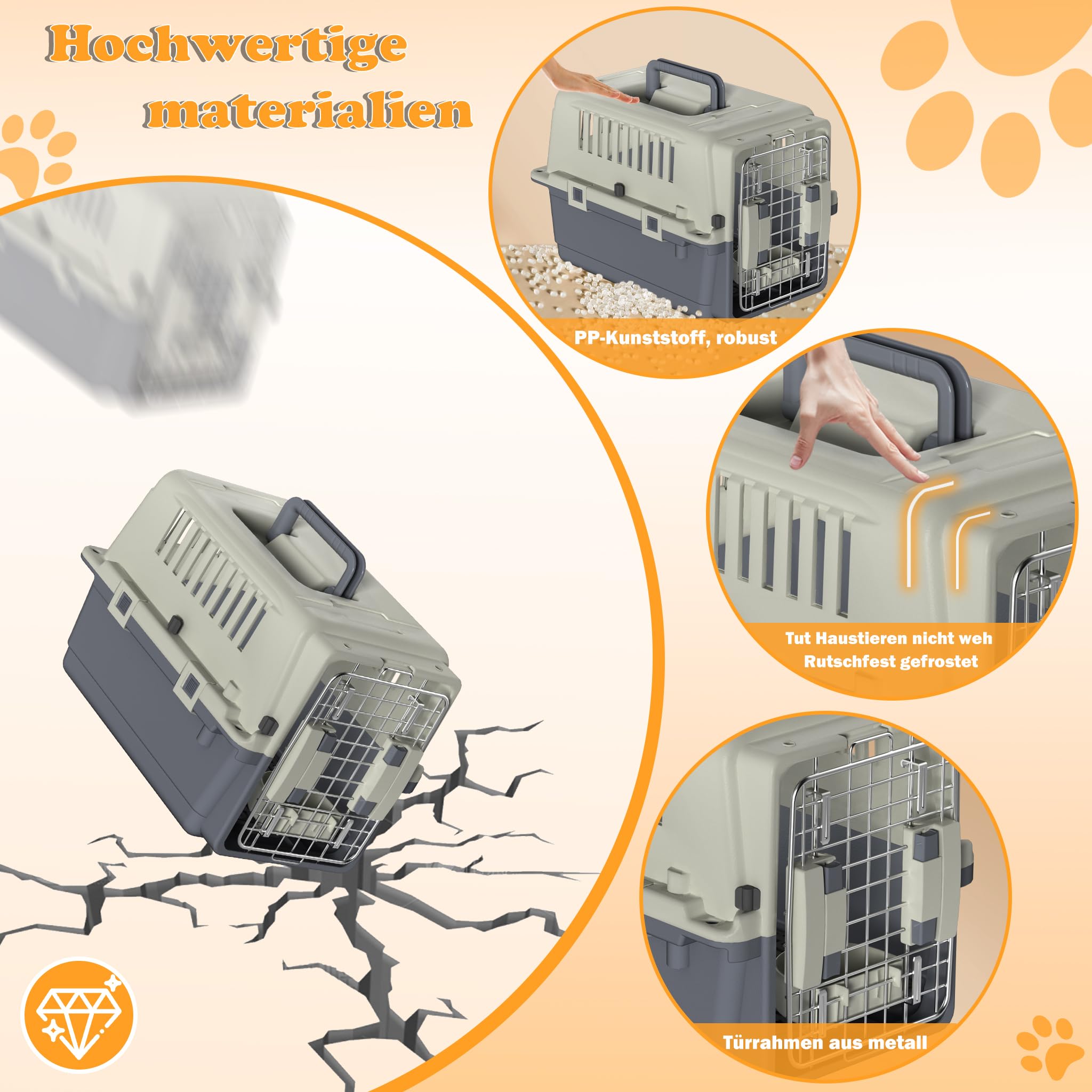 Caja de transporte XL para perros y gatos, caja de transporte para perros, conejos, cesta de plástico con puerta, ranuras de ventilación, barrera de orina y asa (60 x 39,5 x 44 cm)