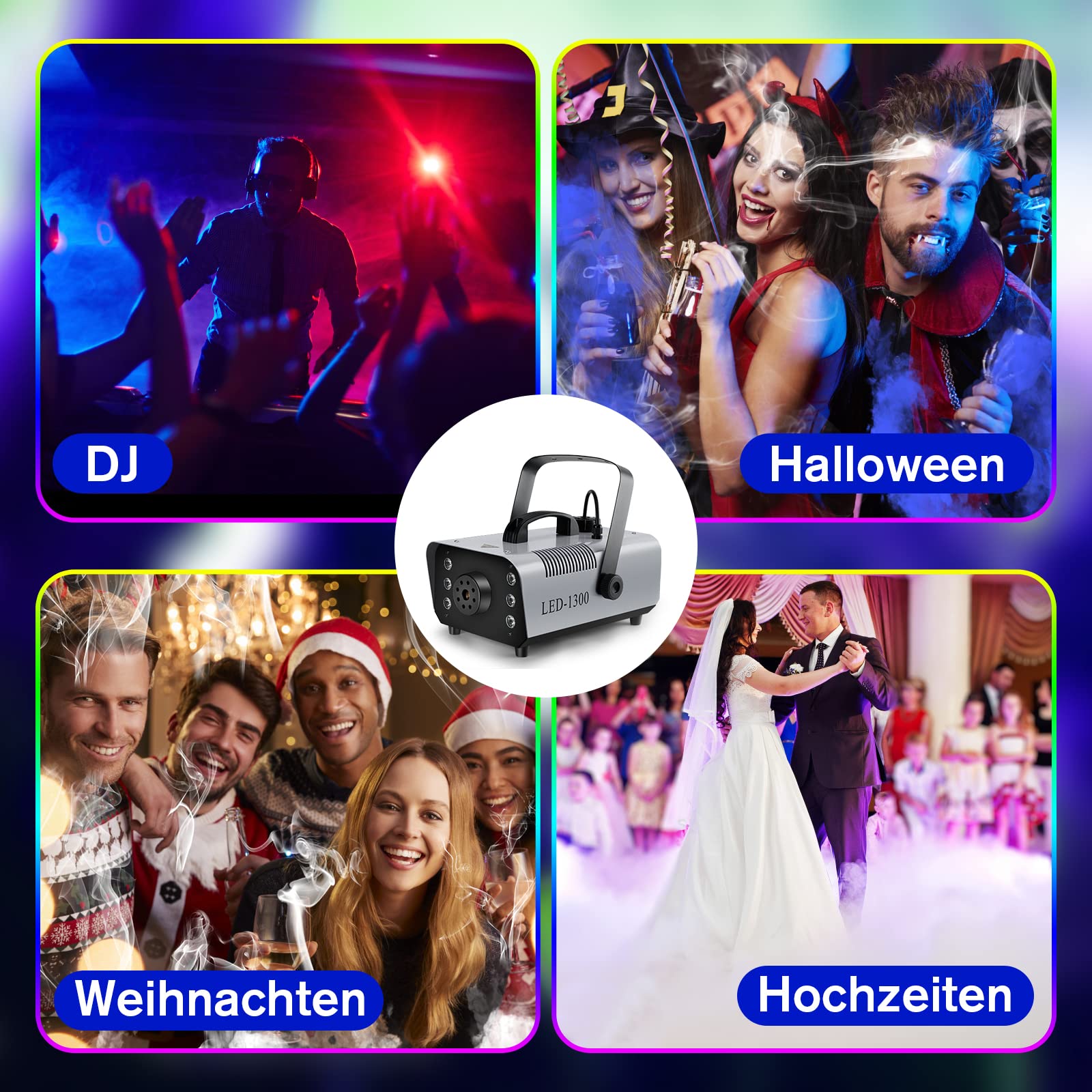 Machine à fumée 1300 avec effet RVB, 13 couleurs, 6 LED, mini fumée, avec 2 télécommandes filaires et sans fil pour DJ, discothèque, Halloween, mariages, Noël