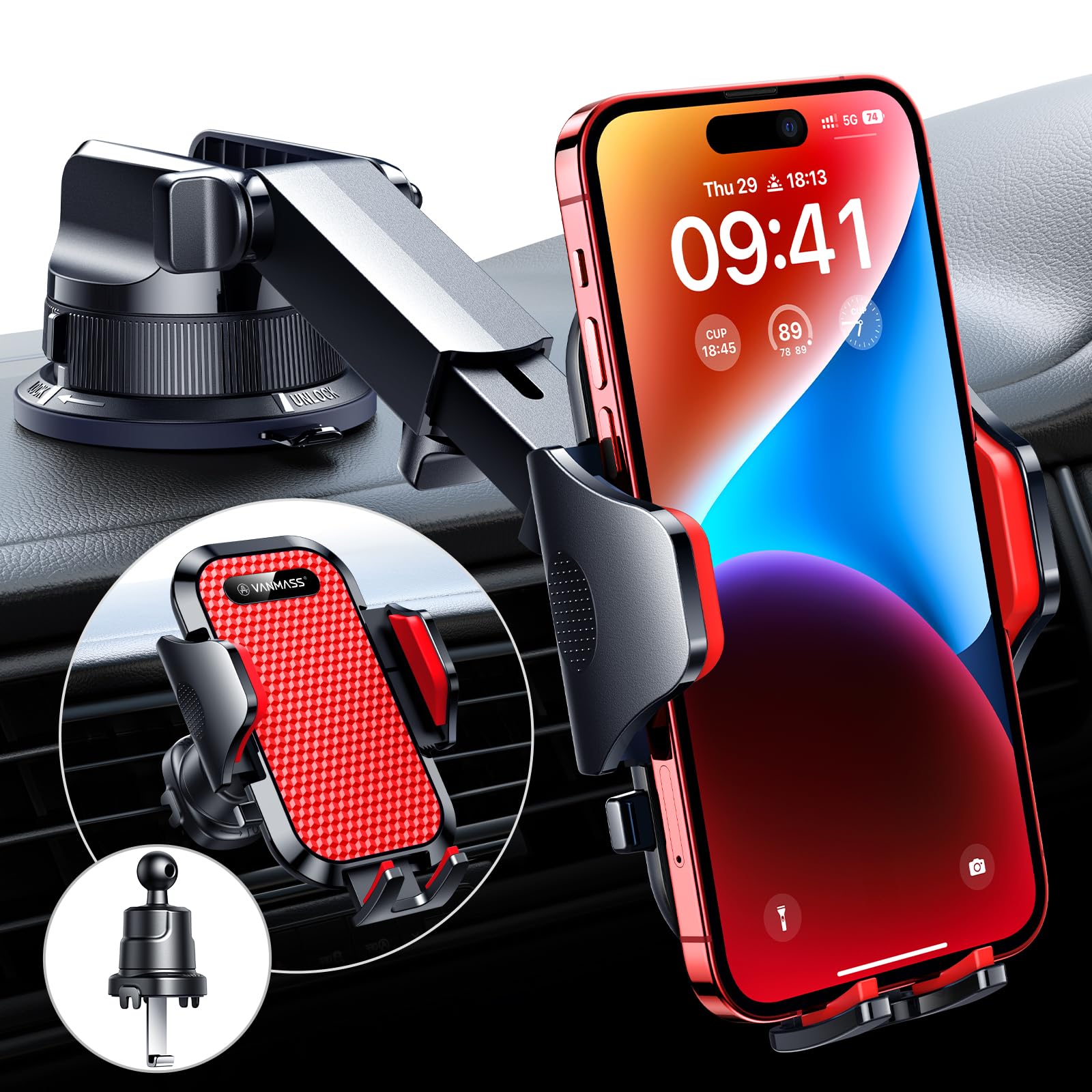 VANMASS [True Military-Grade] Car Phone Holder [Best Suction & Clip] Cell Phone Mount for Dashboard Windshield Vent Truck Cradle Dash Stand for iPhone 15 Pro Max 14 13 12 Android, Red