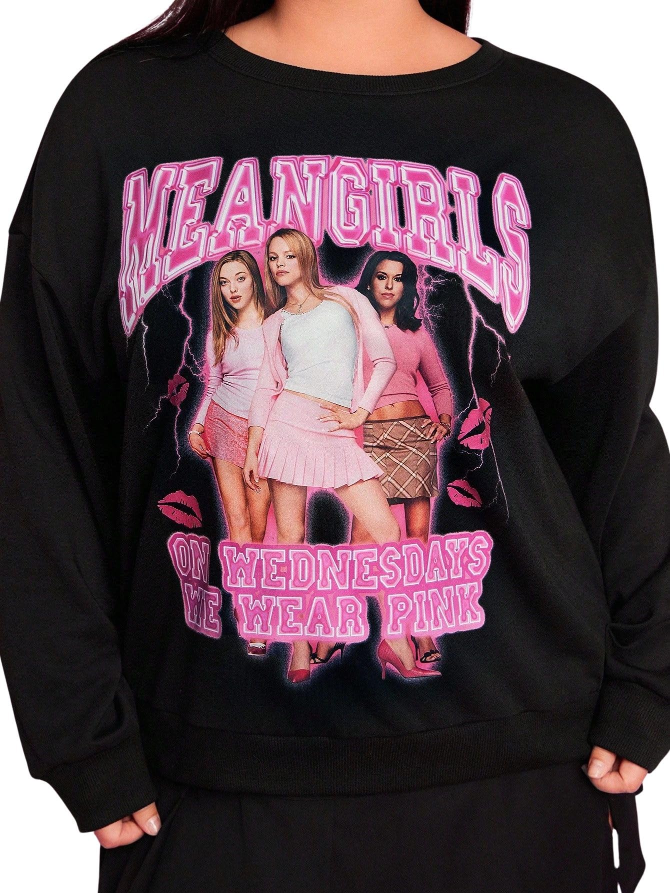 Mean Girls on Wednesday we wear Pink Casual Letter & Portrait Graphic Crew Neck Oversized Sweatshirt-image-13