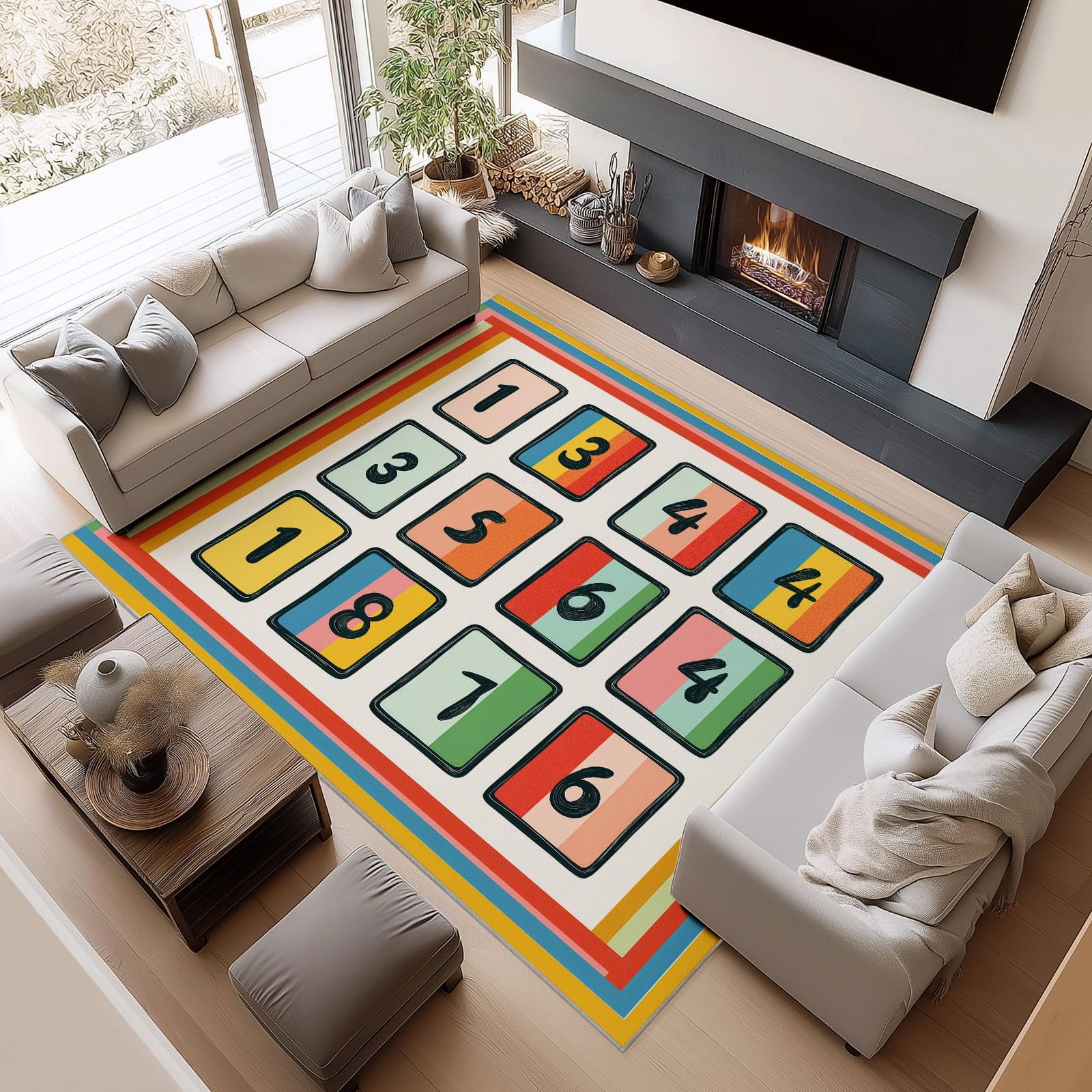 Pastelowy dywan antypoślizgowy geometryczny klocki cyfrowe 160 x 230 cm antypoślizgowy dywan z krótkim włosiem, wytrzymały biały miękki dywan do salonu sypialnia kuchnia