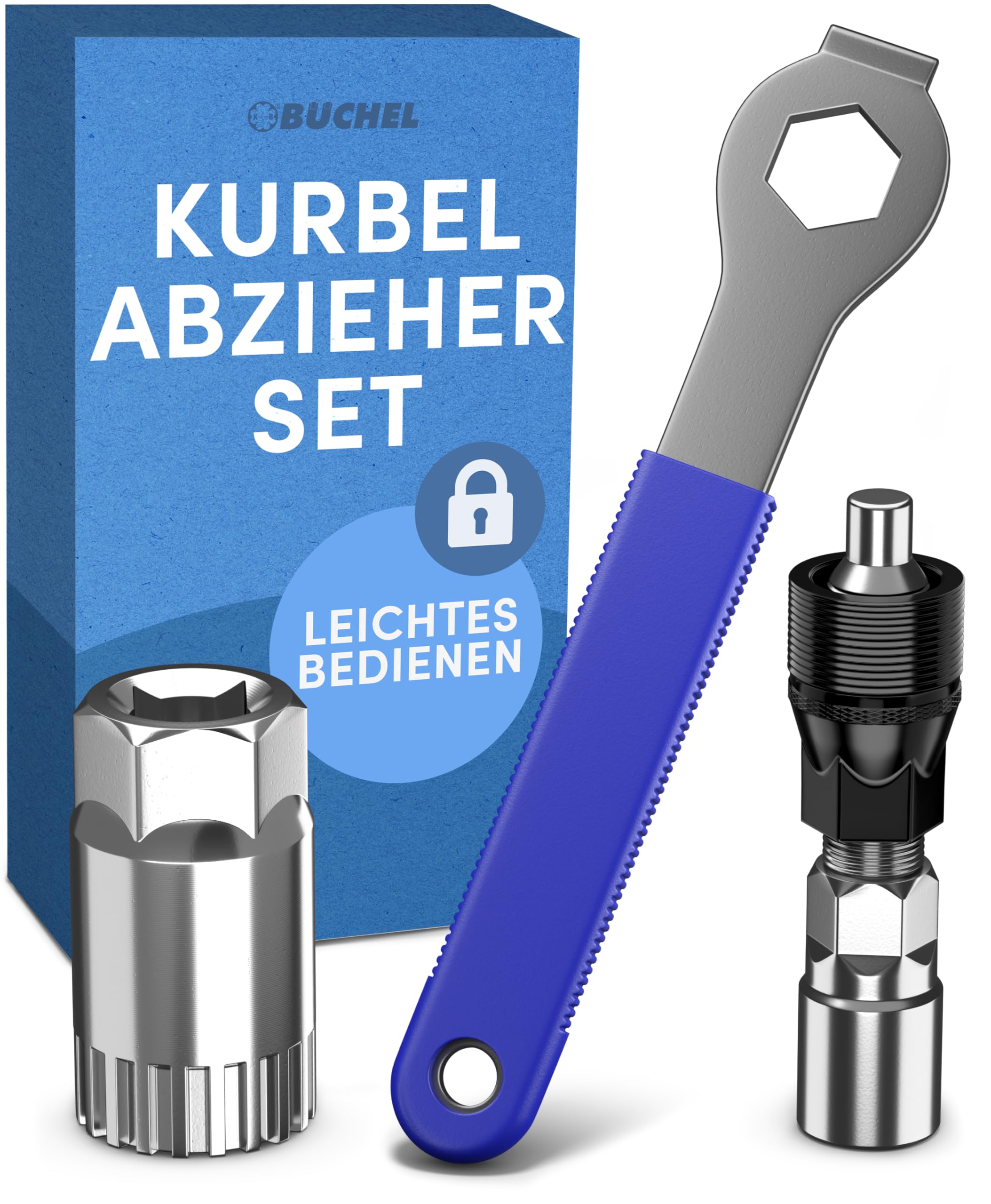 Büchel Kurbelabzieher Fahrrad Set inkl Tretlager Werkzeug & Maulschlüssel - Für Vierkantkegel & 20-Ritzel-Tretlager - Kompaktes Fahrrad Werkzeug Aus Rostfreiem Stahl Für Reparatur & Wartung