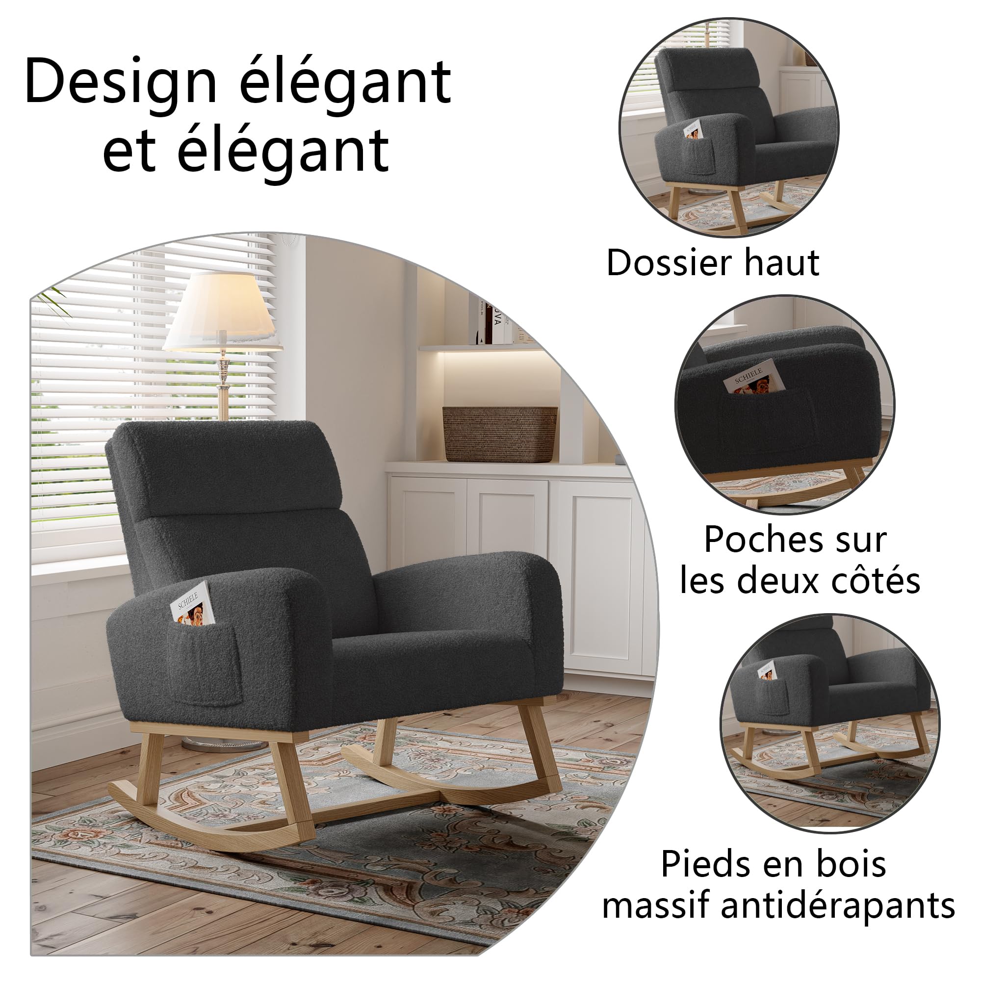 FEEOHOME Fauteuil à Bascule Velours Teddy avec Dossier et Accoudoirs Poche Base Bois pour Salon