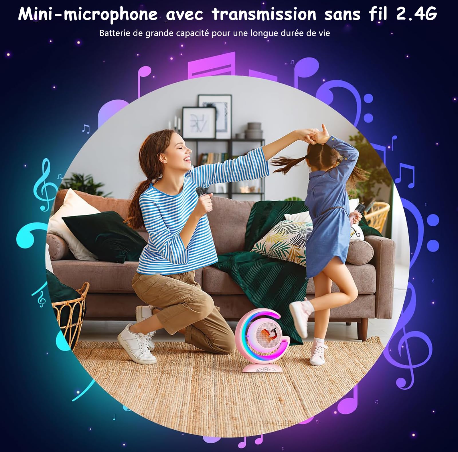 Micro Karaoké Enfant Portable Avec 2 Micros Sans Fil - Lumière LED - Bluetooth - Cadeau Fille Garçon