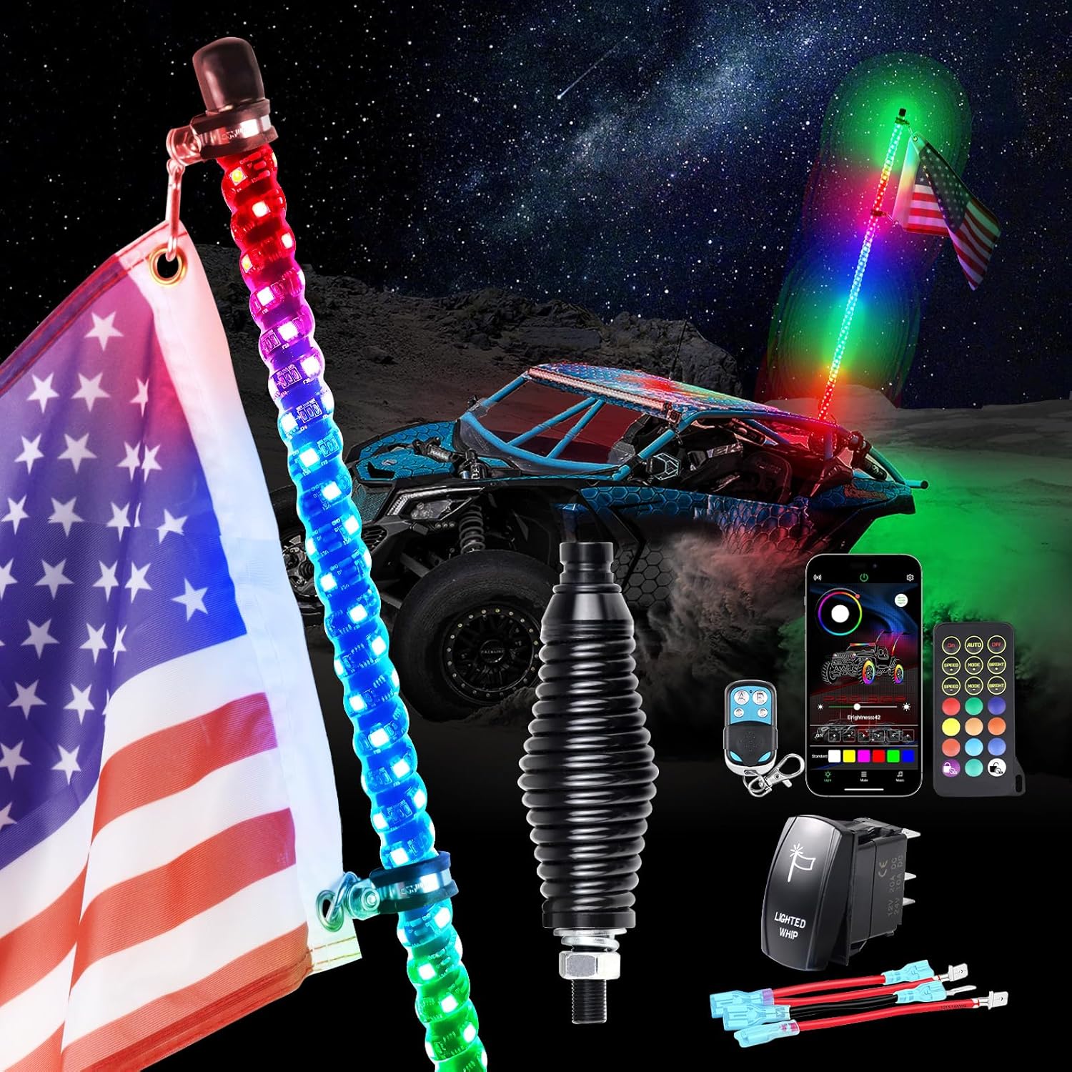 4FT Spiral RGB LED Whip Light for UTV, with Spring Base App & RF Wireless Remote Control, Chasing Lighted Antenna Whips for UTV ATV RZR SXS Can-Am Polaris Offroad Truck