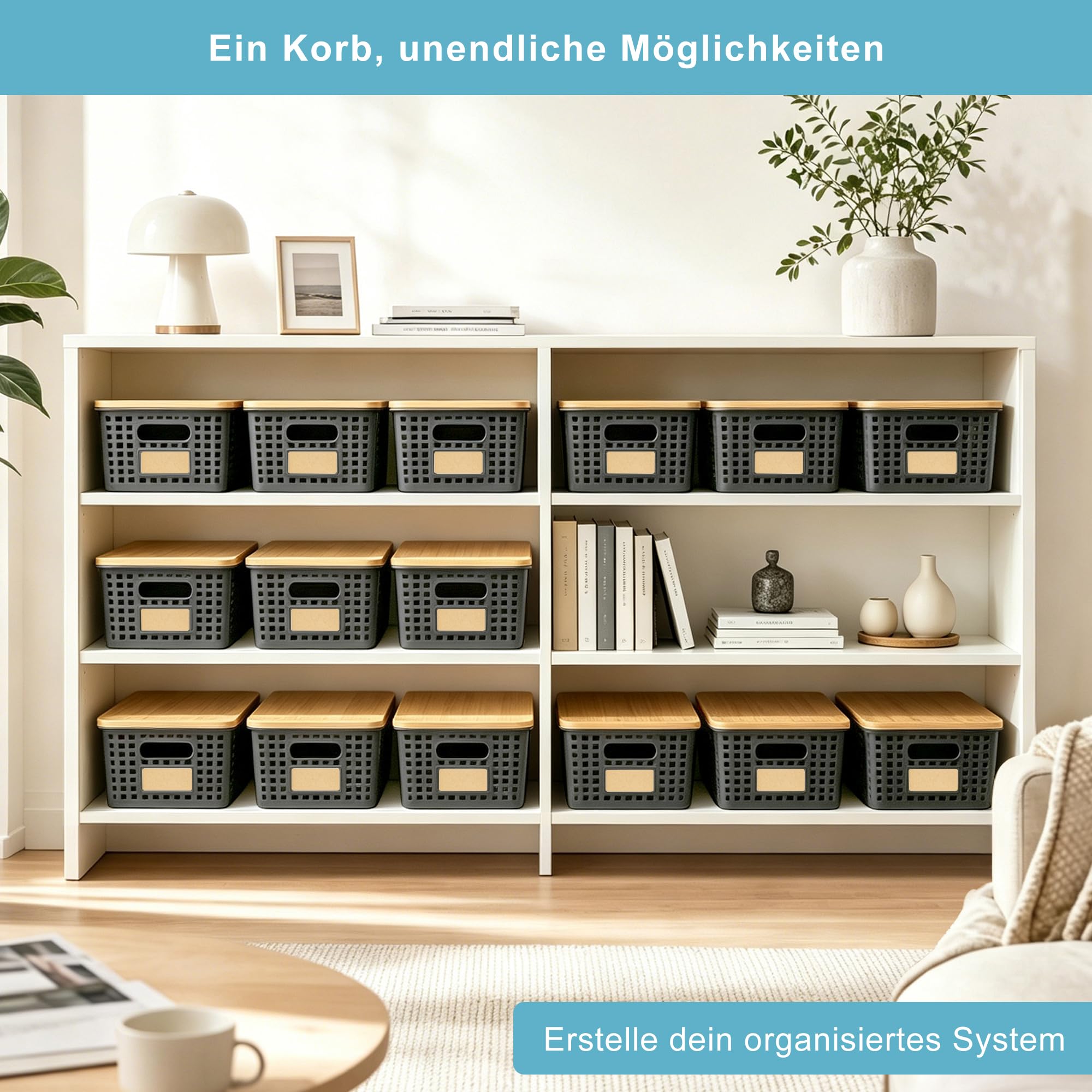 Bagnizer Contenitori portaoggetti in plastica con coperchi in bambù, impilabili, contenitori decorativi per dispensa, graziosi con etichetta per organizzare scrivania, armadio, ufficio, grigio, da 6