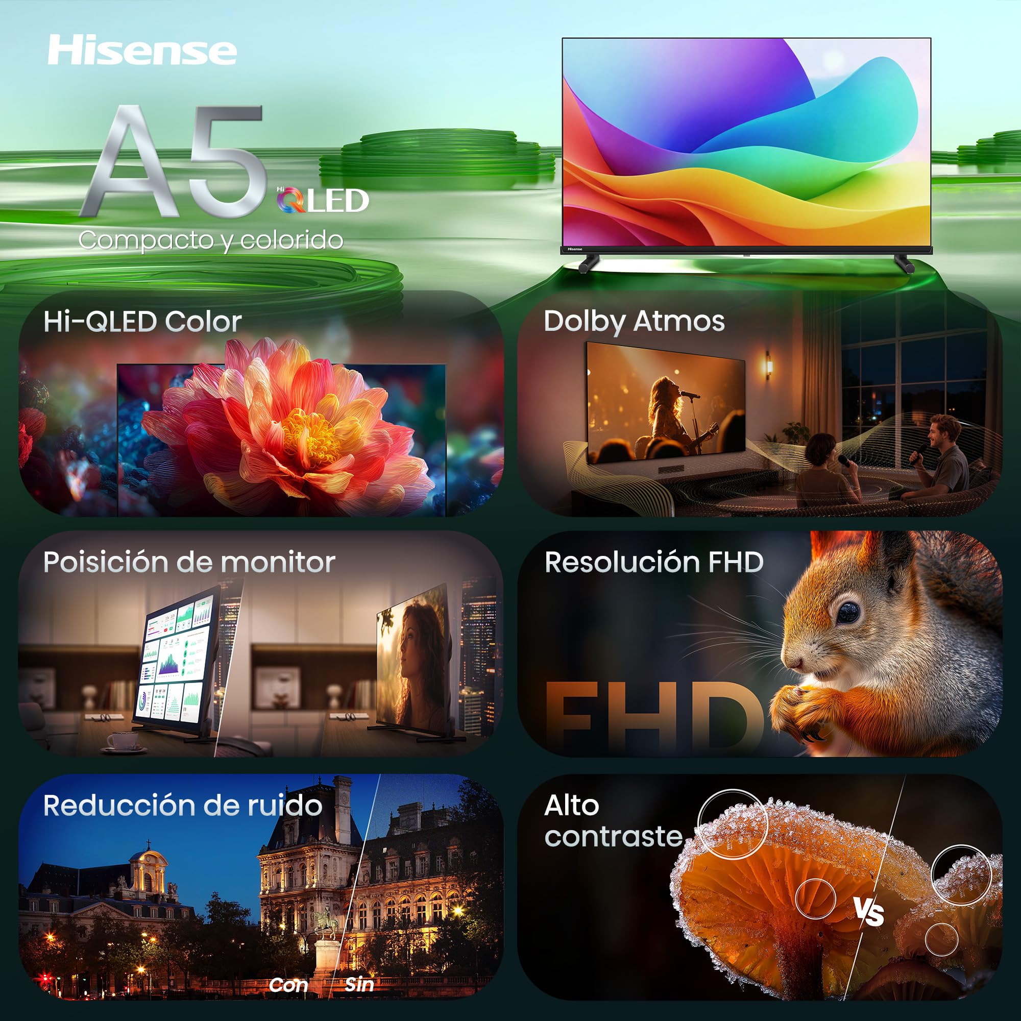 Hisense 32A5S - Hi-QLED FHD Smart TV 32 Pulgadas, Hi-QLED Color, Dolby Atmos, Posición de Monitor, Resolución FHD, Reducción de Ruido, Airplay, Smart Home Ready