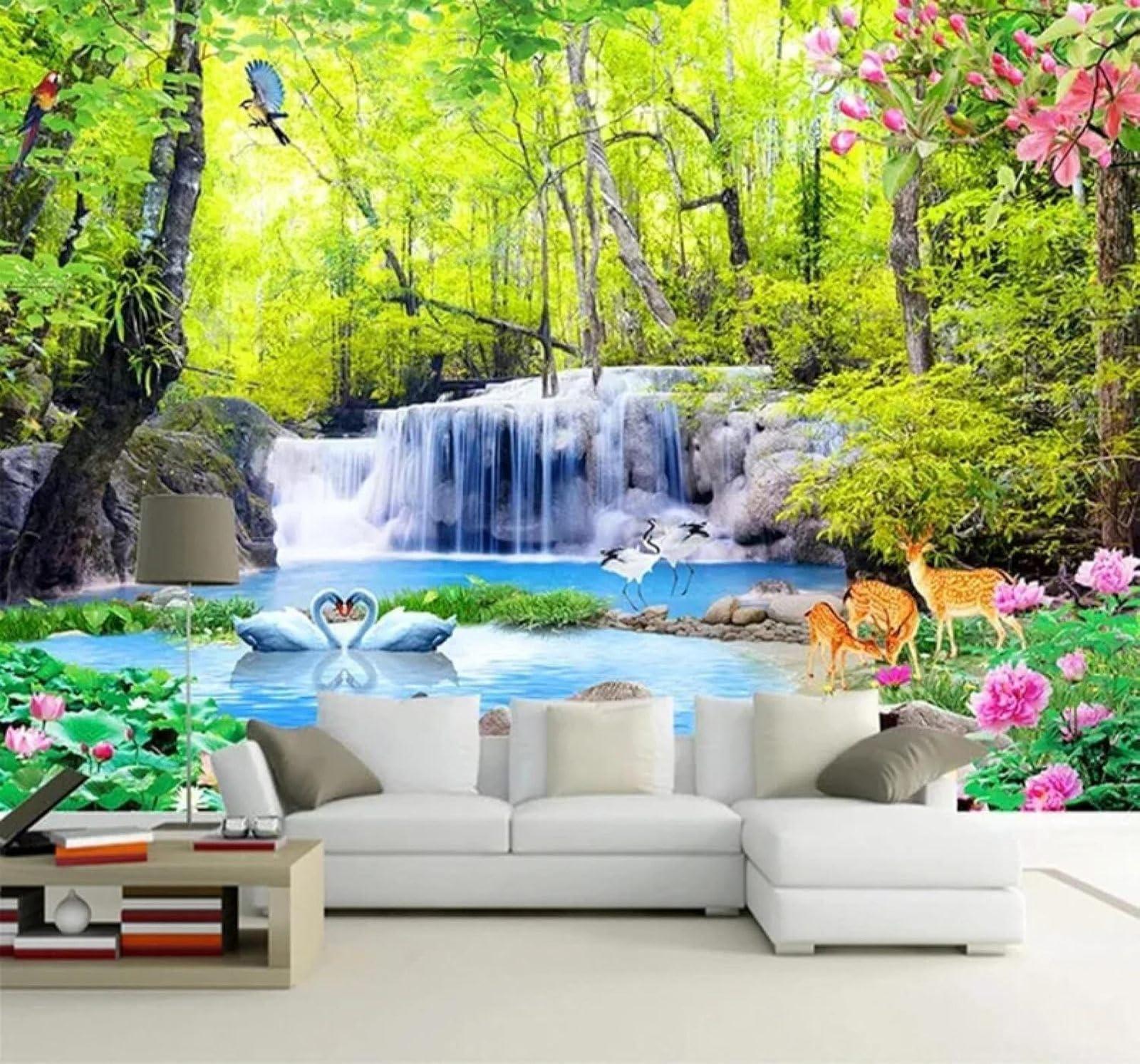 XLMING Fresh Beautiful Forest Waterfall Natural Scenery 3D Wallpaper Silky Texture Home Study Office Grey Dining Room Sofa Bedroom Living Room TV Backdrop-300cm×210cm