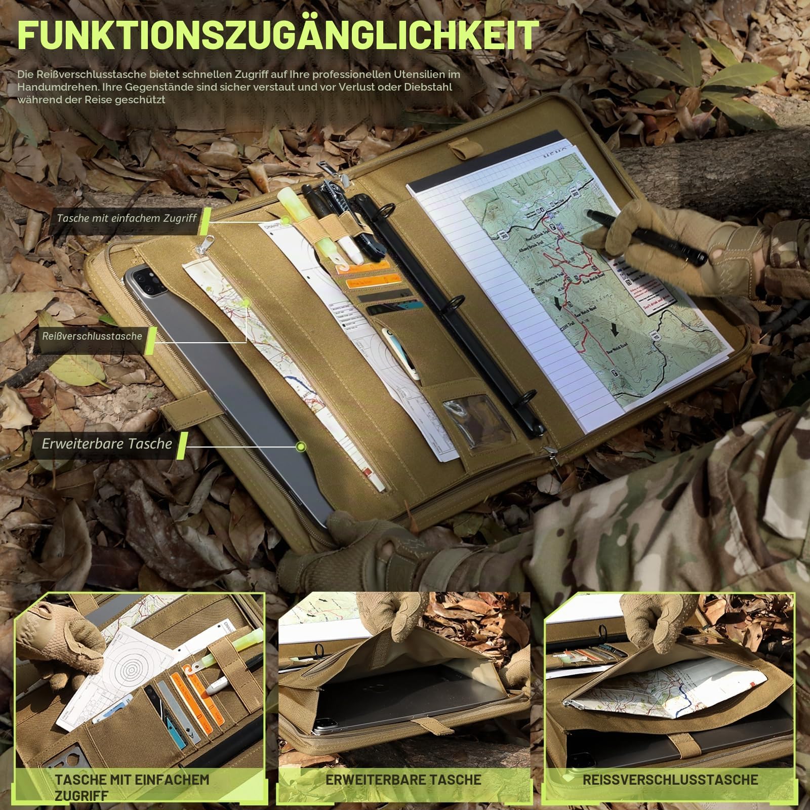 LIVANS Taktisches Notizbuch, Portfolio, Padfolio, Ringbuch mit Reißverschluss, Armee-Militär-Notizbuch, Planer enthält 25 Blatt A4-Briefpapier und abnehmbare 3-Ringe, Multi-Storage-Grifftasche für