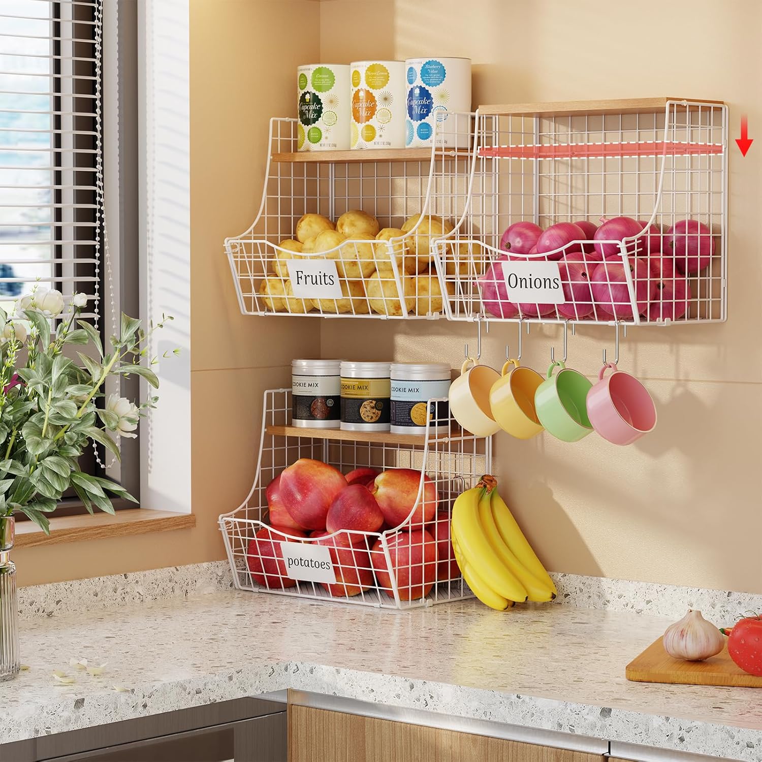 3 Pack Hanging Fruit Basket for Kitchen with Wood Lid - Onion and Potato Storage Fruit Bowl with Nameplate for Counter&Wall Mounted, Stackable Storage Basket,11.81 * 8.66 * 10.63inch