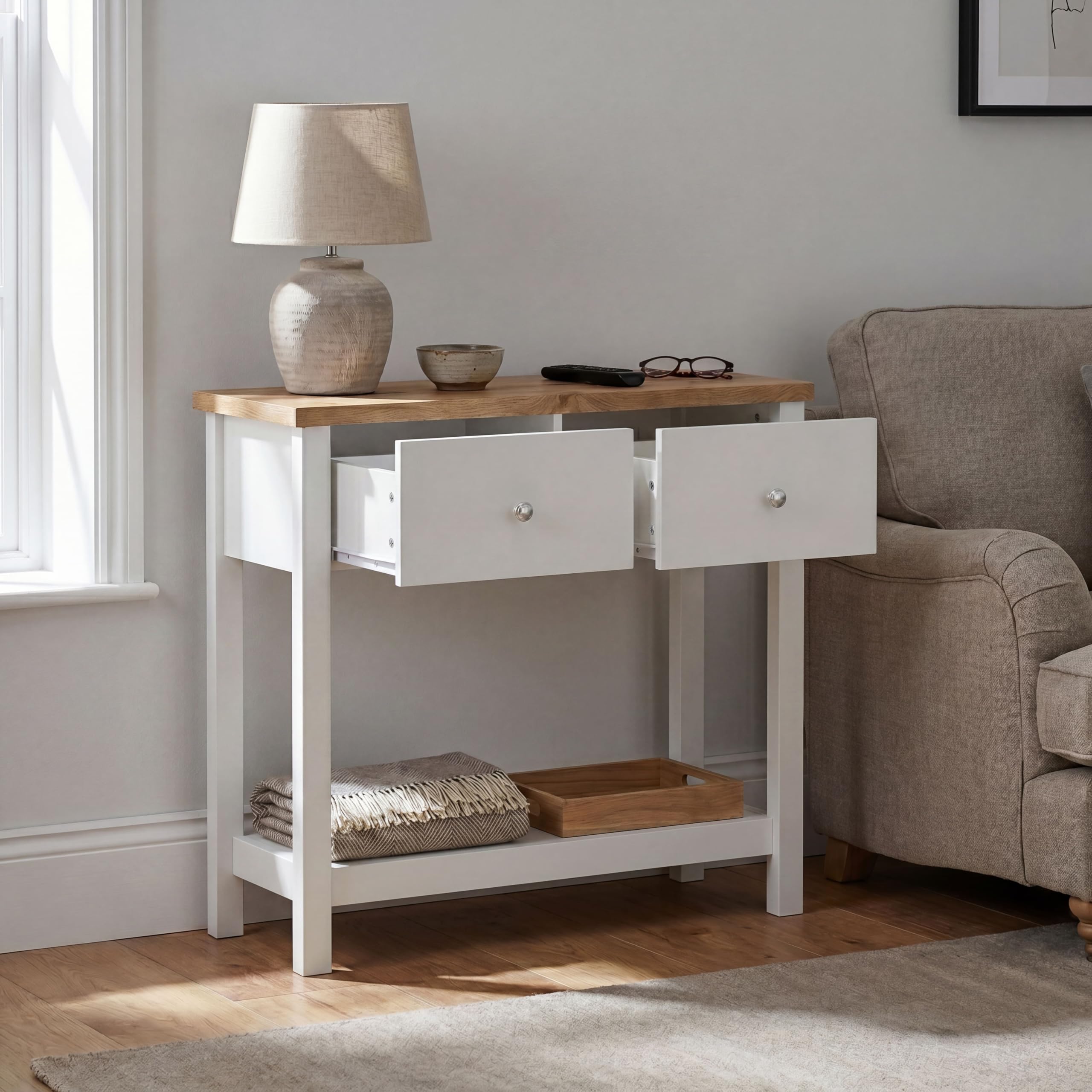 Vida Designs Arlington - Mesa de Consola con Estante para Pasillo y tocador (Tablero DM, 2 cajones), Color Blanco