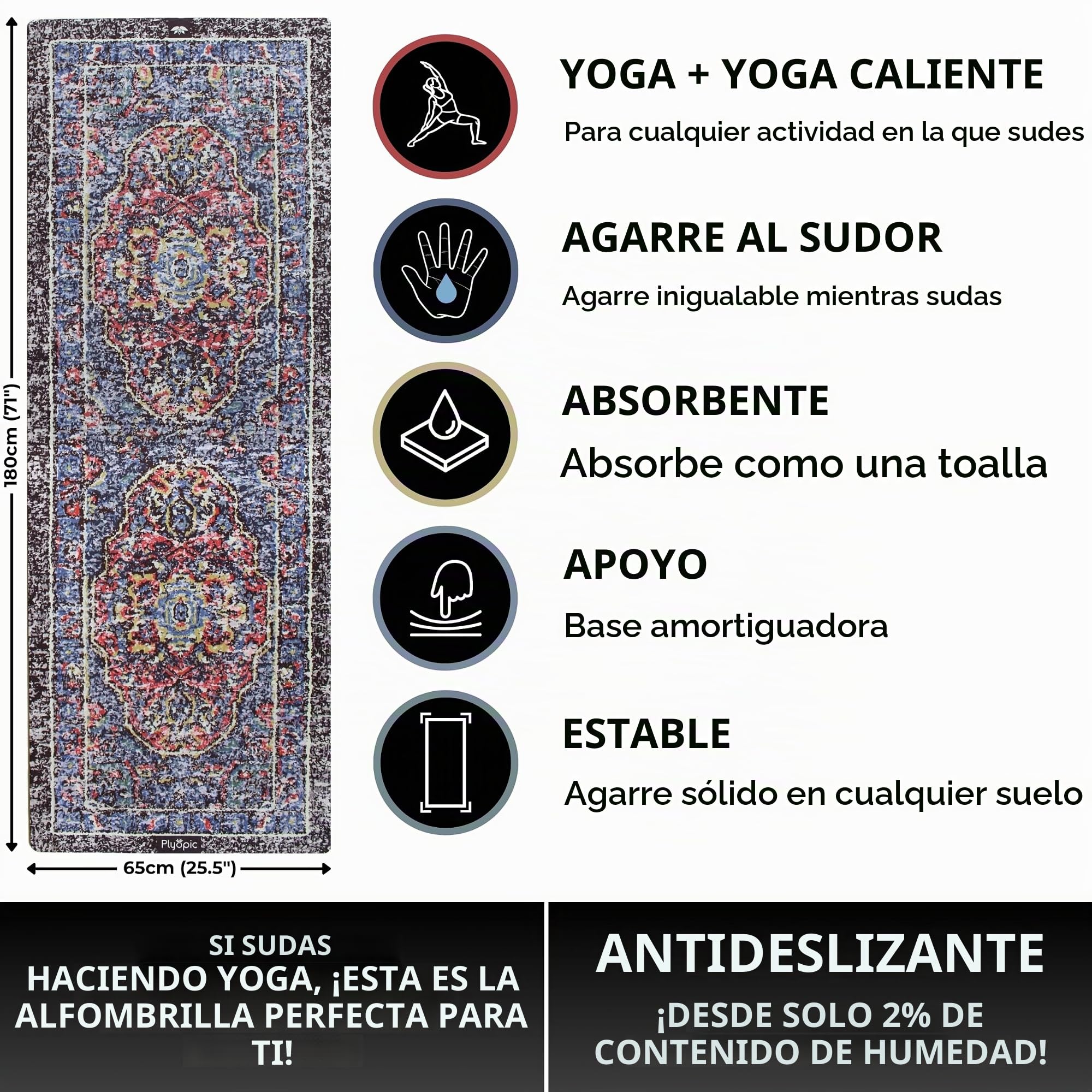 Plyopic Esterilla de Yoga | Antideslizante Colchoneta/Toalla de Lujo. Natural y Ecológica | Ideal para Yoga, Pilates, Ejercicio, Fitness, Hot o Bikram