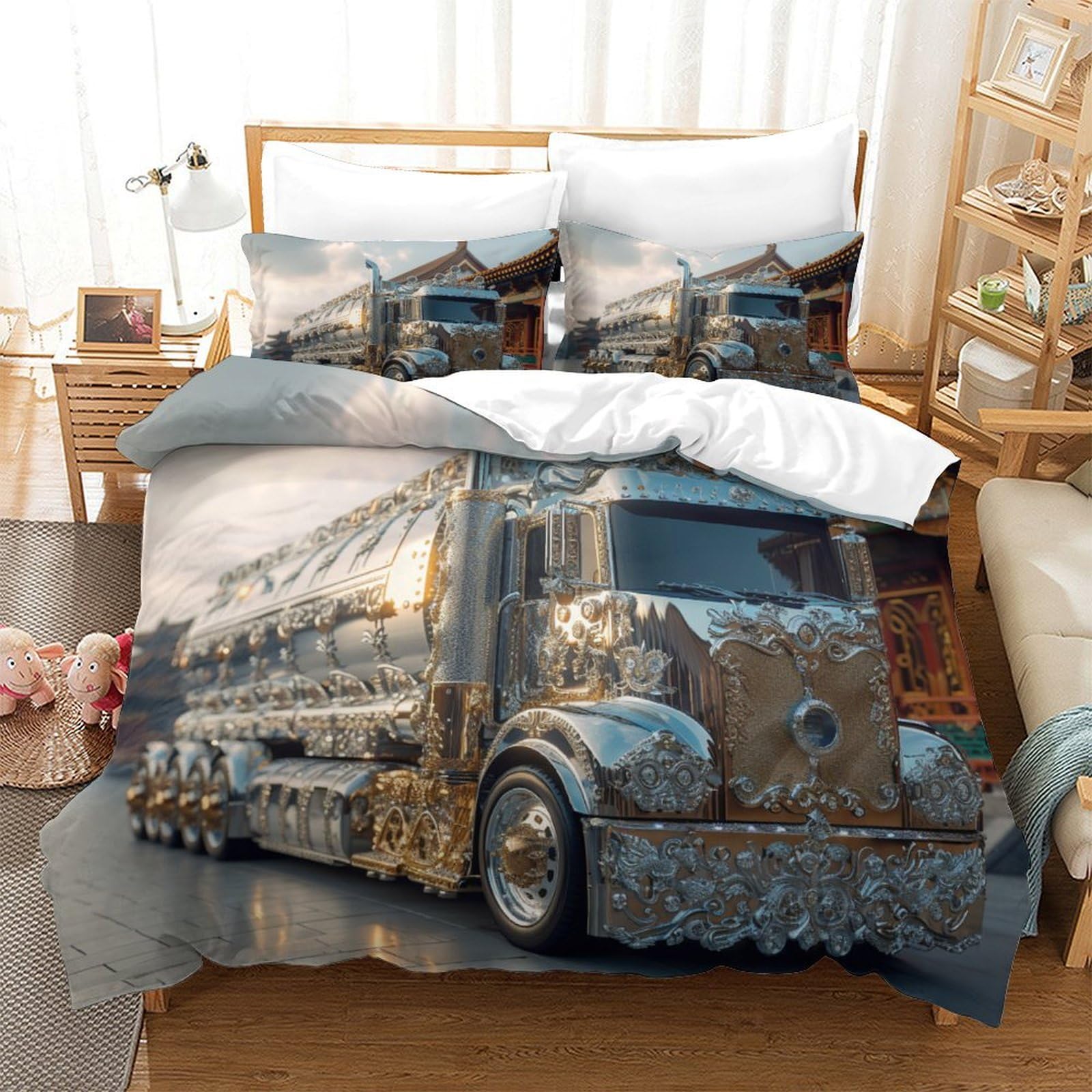 Parure de lit 3 pièces avec housse de couette 260x220 cm motif gros camion