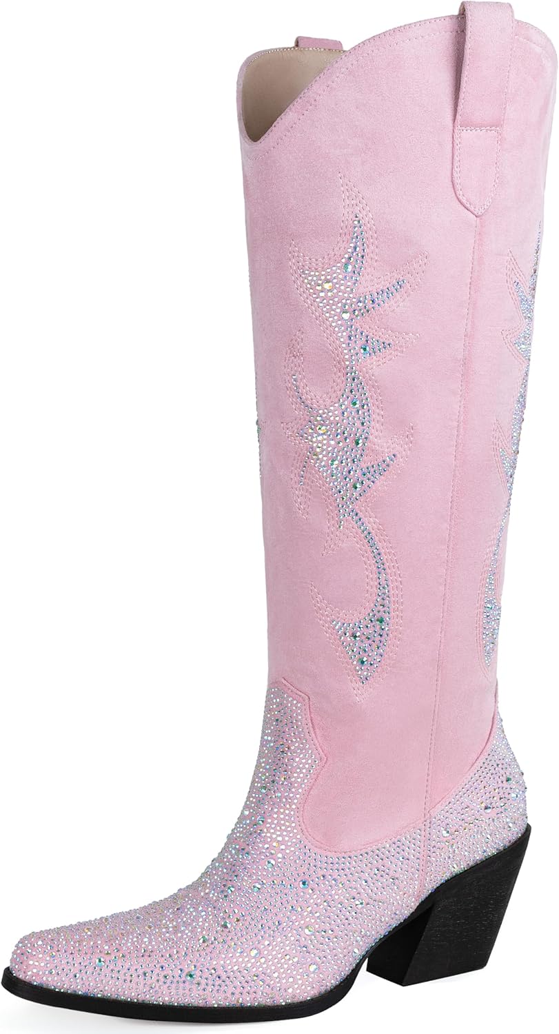 Women’s Rhinestone Cowboy Boots Mid Calf Pointed Toe Sparkly Block Heel Cowgirl Boots with Pull On Tabs - Image 4