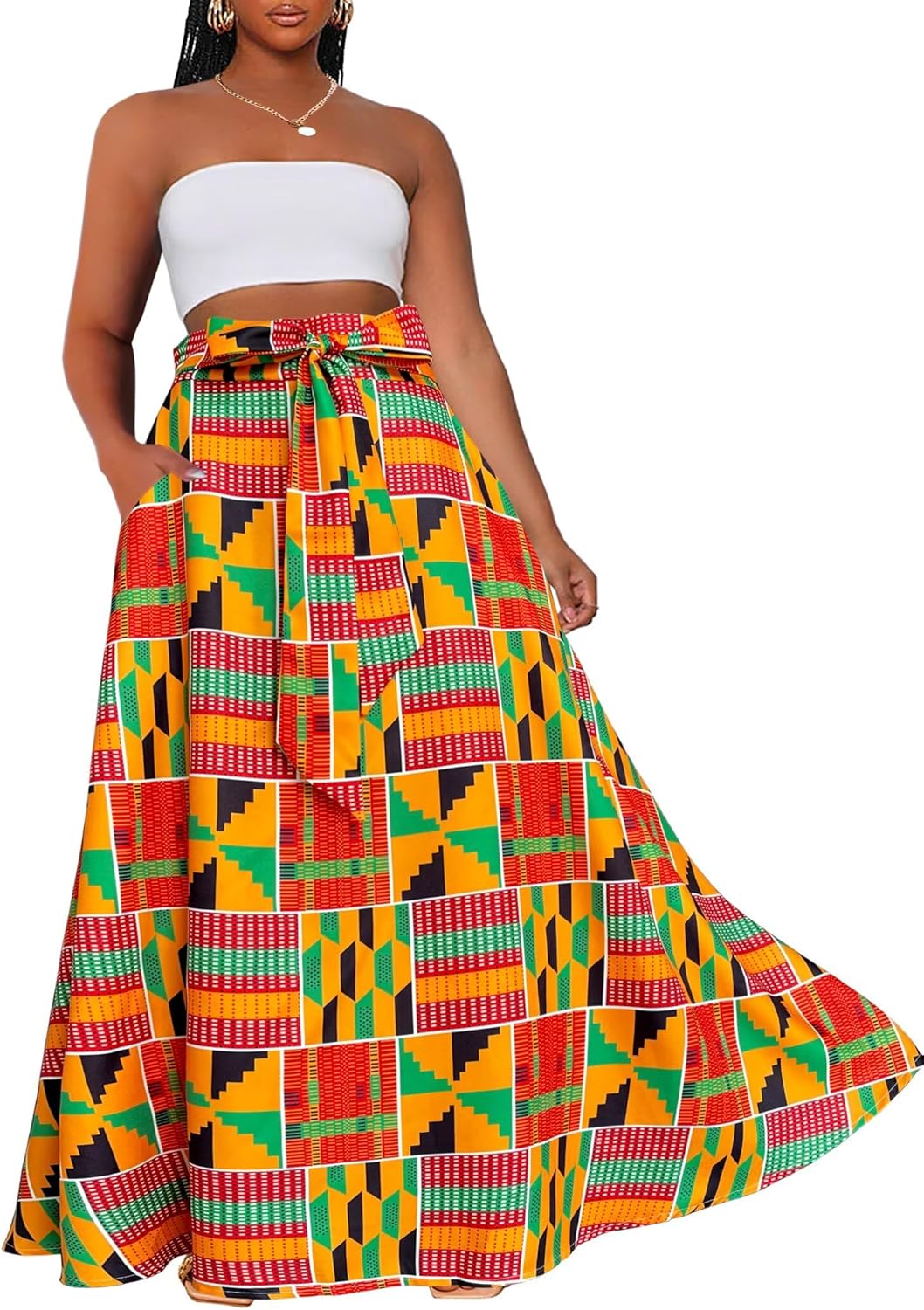 Afibi Womens Casual High Waist Tie African Print Long Maxi Skirt with Pockets - Image 2