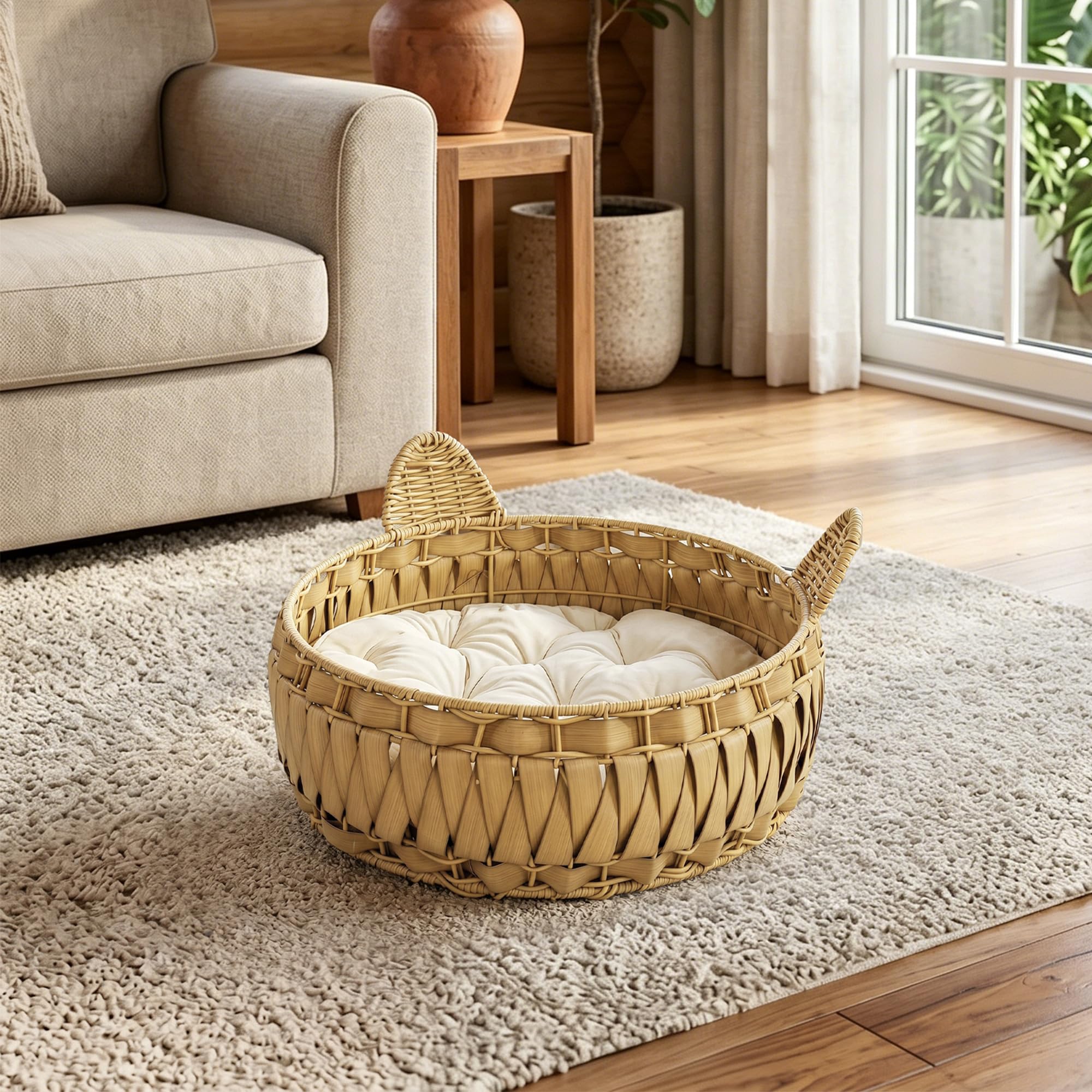 PawHut Legowisko i kryjówka dla kota do 10 kg 50x50x25 cm Jasnobrązowe | Zdejmowana poduszka, koszyk, domek, rattan