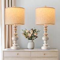 BOBOMOMO 24" Farmhouse Resin Table Lamps Set of 2 with Linen Shades - Vintage Rustic Bedside Lamps for Living Room, Bedroom, Office