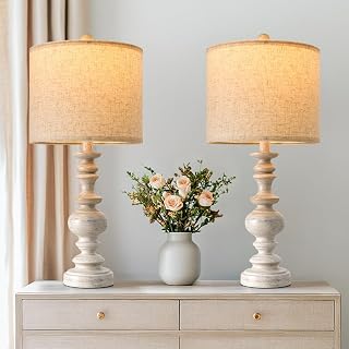 BOBOMOMO 24" Farmhouse Resin Table Lamps Set of 2 with Linen Shades - Vintage Rustic Bedside Lamps for Living Room, Bedroom, Office