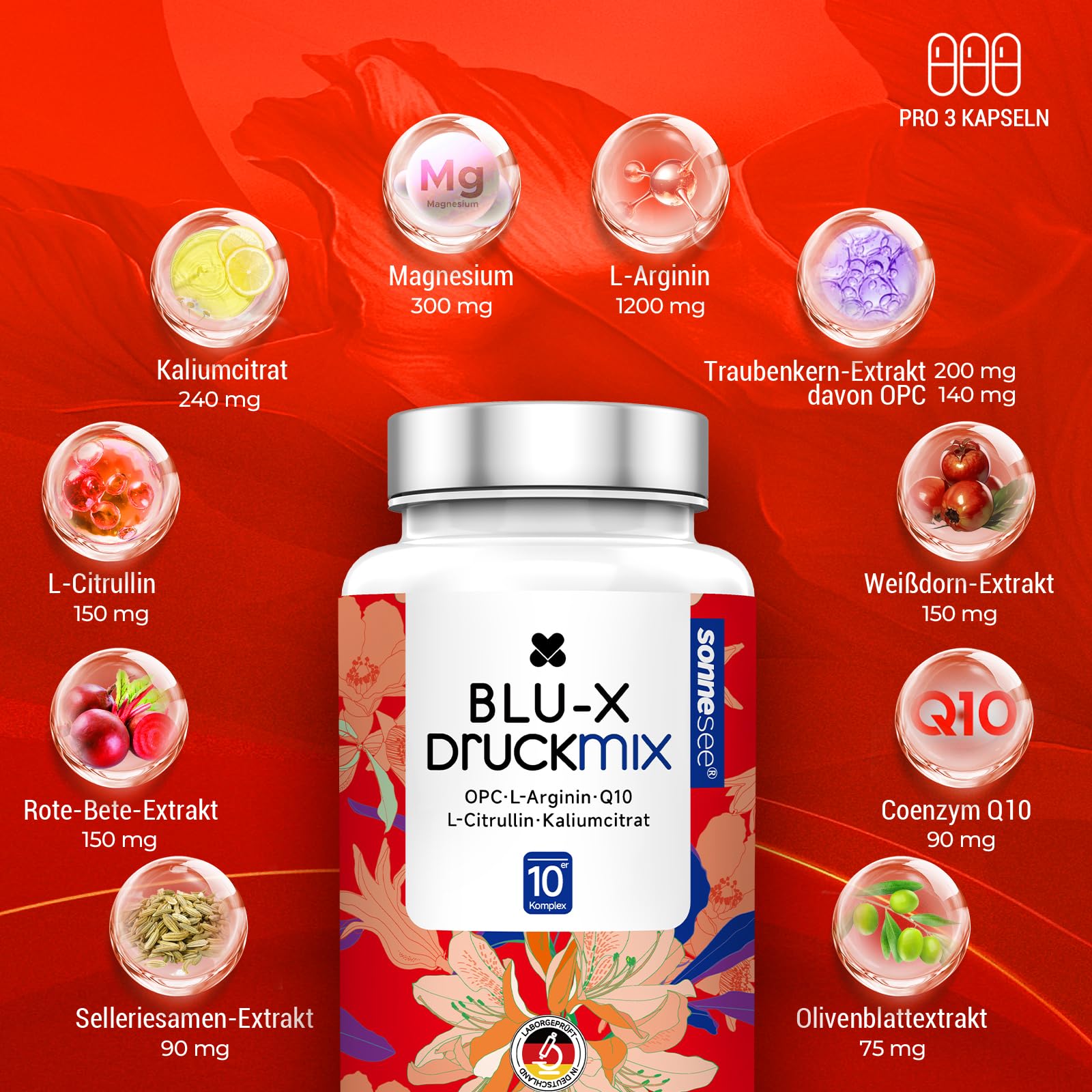 10 in1 Formel Blutdruck Komplex 120 vegane Kapseln hochdosiert mit L-Arginin, L-Citrullin, Kalium, OPC Coenzym Q10 & Magnesium – laborgeprüft, (Packung mit 2)