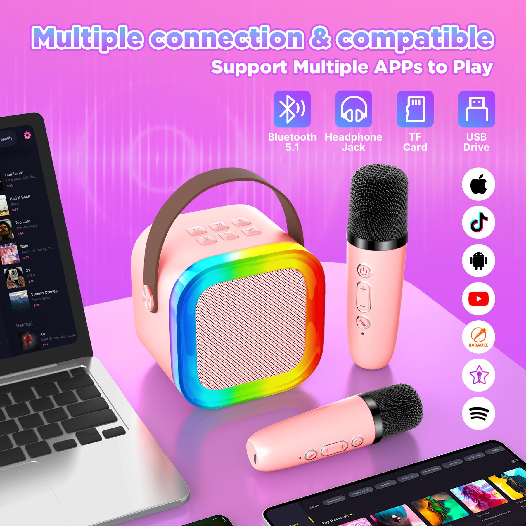 Gontence Karaoke con 2 Microfono Bambini - Macchina Musicale con Luce LED - Regalo per Bambine 3-12 Anni - Giocattolo Giochi Bambina 3-12 Anni -Mini Microfono Rosa per Karaoke