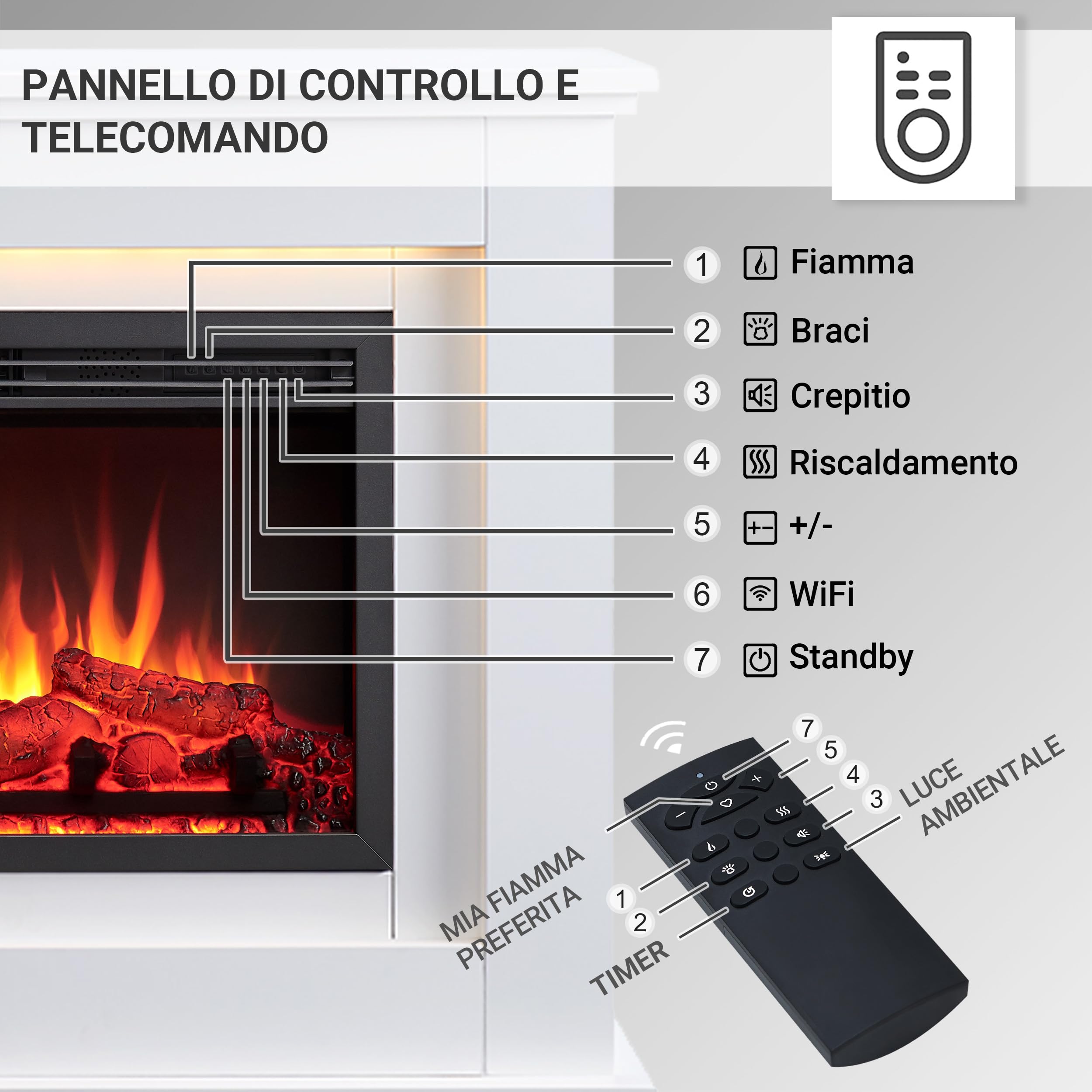 BALDERIA camino elettrico Baldur | Caminetto elettrico a pavimento con effetto fiamma 3D | Riscaldamento elettrico 2000 W | Focolare con app, telecomando, timer, termostato | Bianco