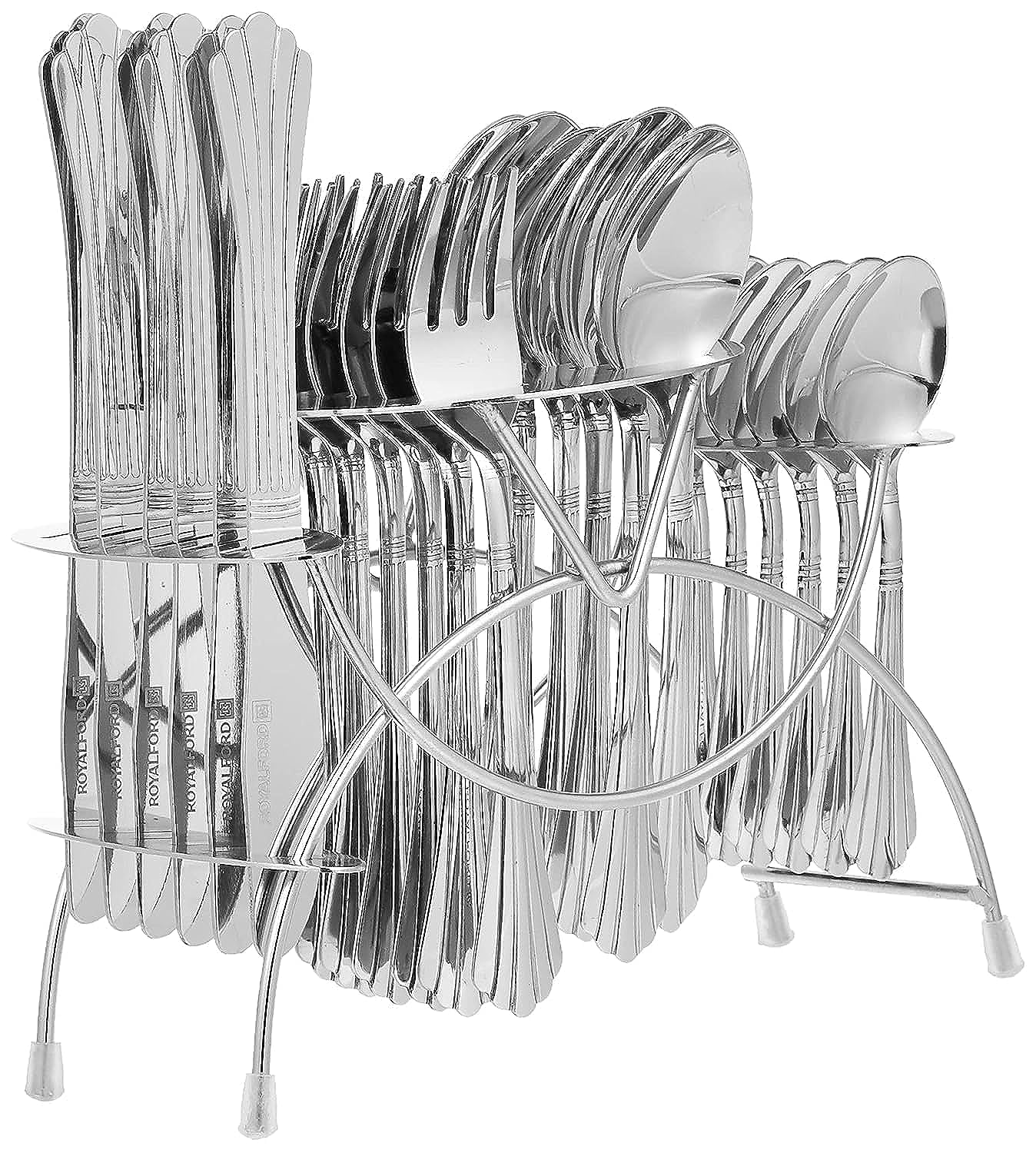 Royalford stainless steel cutlery set rf10791 cutlery set with stand 25-piece set stylish and light-weight 100% food-grade suitable for dining table, home and restaurant kitchen accessories - silver