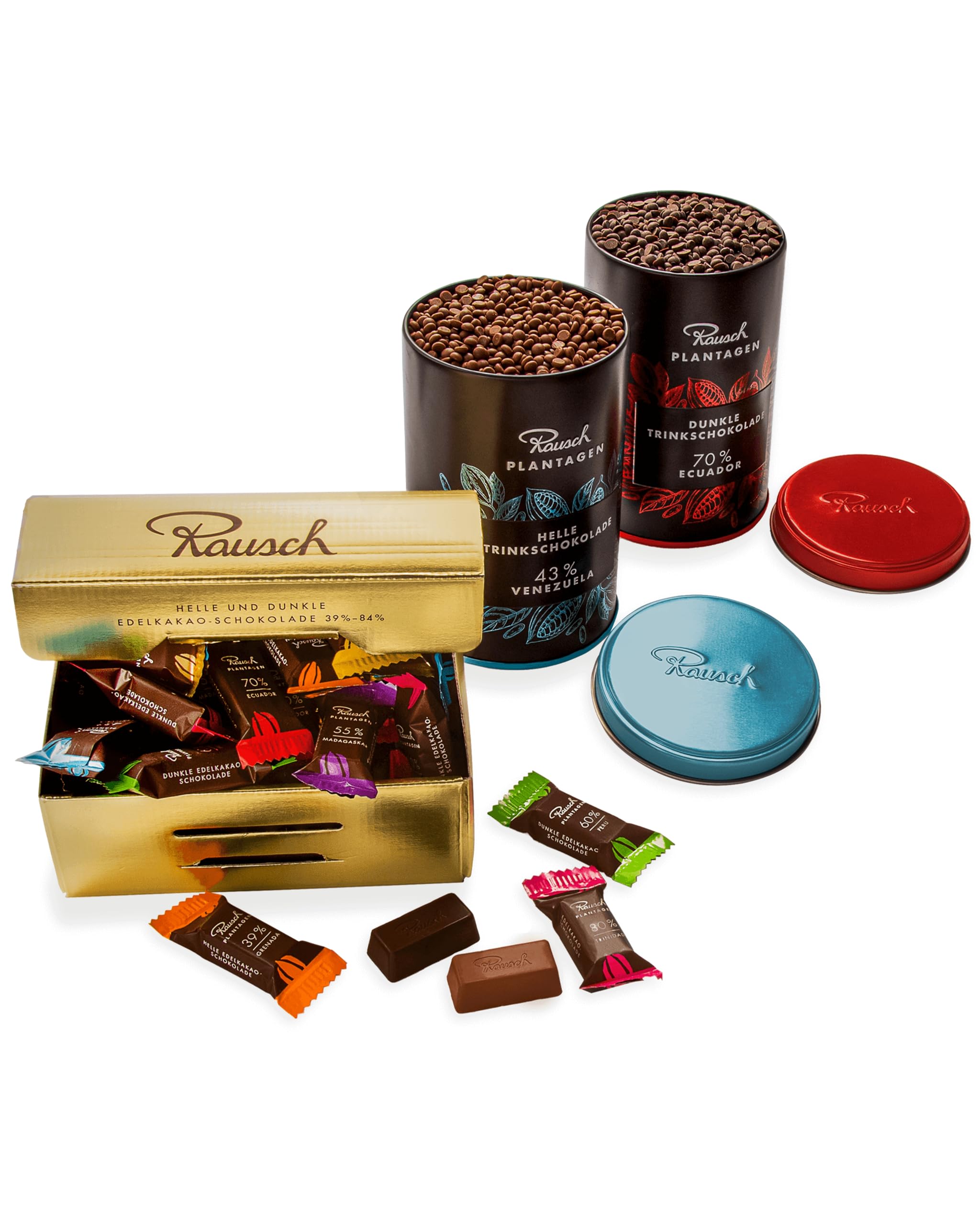 Rausch Plantagen Goldbox gefüllt mit 32 Minis und 2 Dosen Trinkschokolade helle und dunkle Edelschokolade – Schokolade aus aller Welt – Schokoladen Geschenkset
