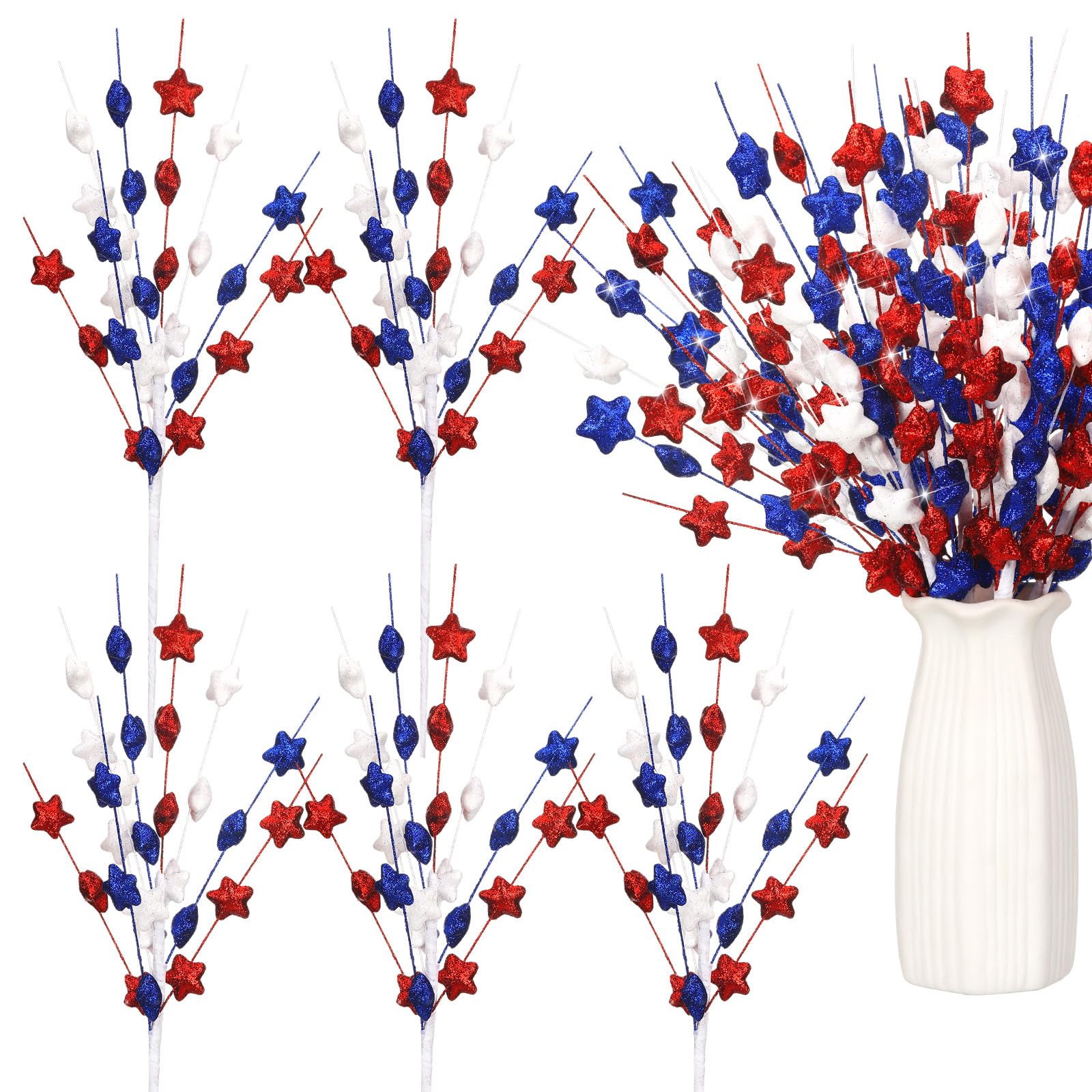 6 Pack 4th of July Table Centerpieces Decor 17 Inches Independence Day Tree Topper Picks Patriotic Artificial Stem Picks Red White and Blue Patriotic Pentagram Crafts for Vase Filler Home
