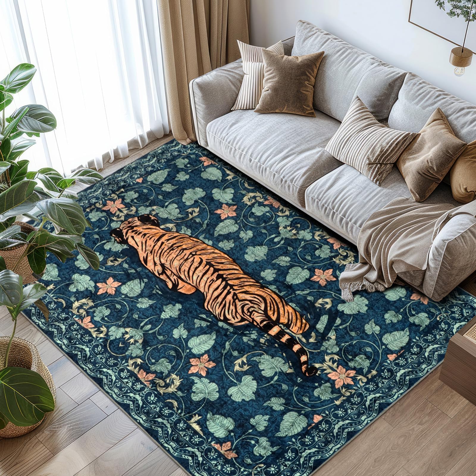 TUKDAK Washable Area Rug for Living Room Green 160×230cm, Animal Soft Bedroom Rug Non-shedding Non-slip, Boho Short Pile Tiger Floor Carpet for Kitchen Office Bathroom Nursery room — image 1
